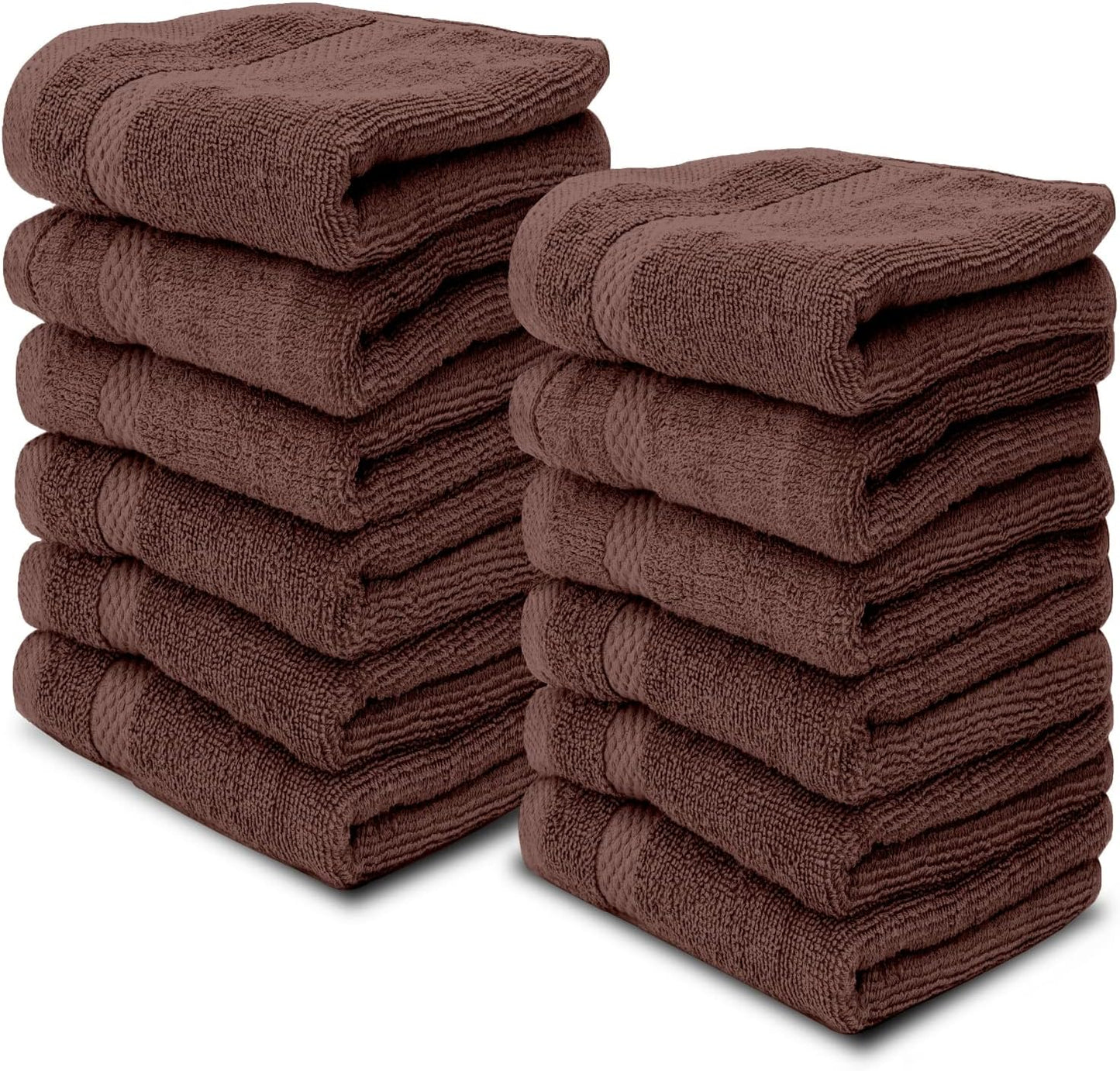 White Classic Luxury Cotton Washcloths 13x13 Inch - 650 GSM Turkish Cotton | Hotel, Spa, Bathroom Face Towel | 12 Pack, Brown