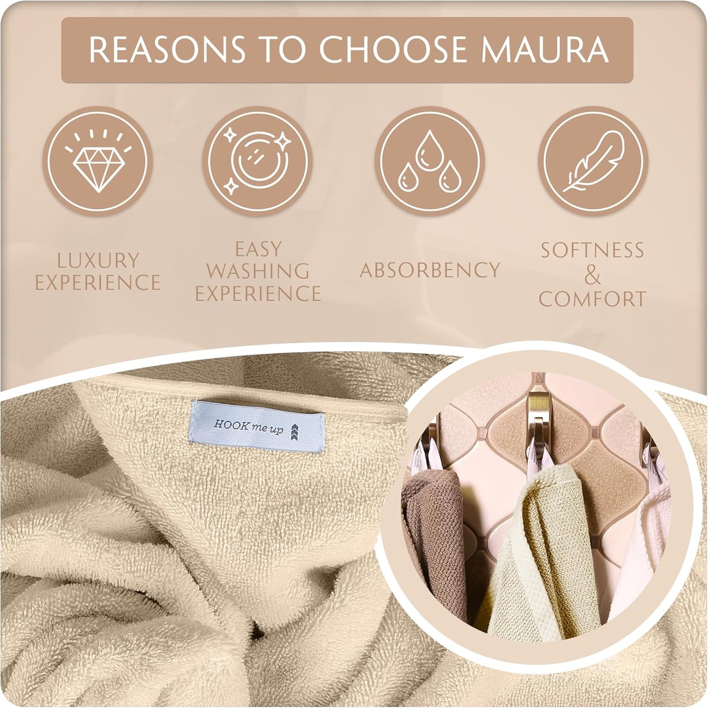 MAURA Basics Hand Towels for Bathroom with Hanging Hook Loops. Soft, Durable, Long Lasting and Absorbent Hand Towel Sets for Bathroom, American Standard Size 16"x28", Cream