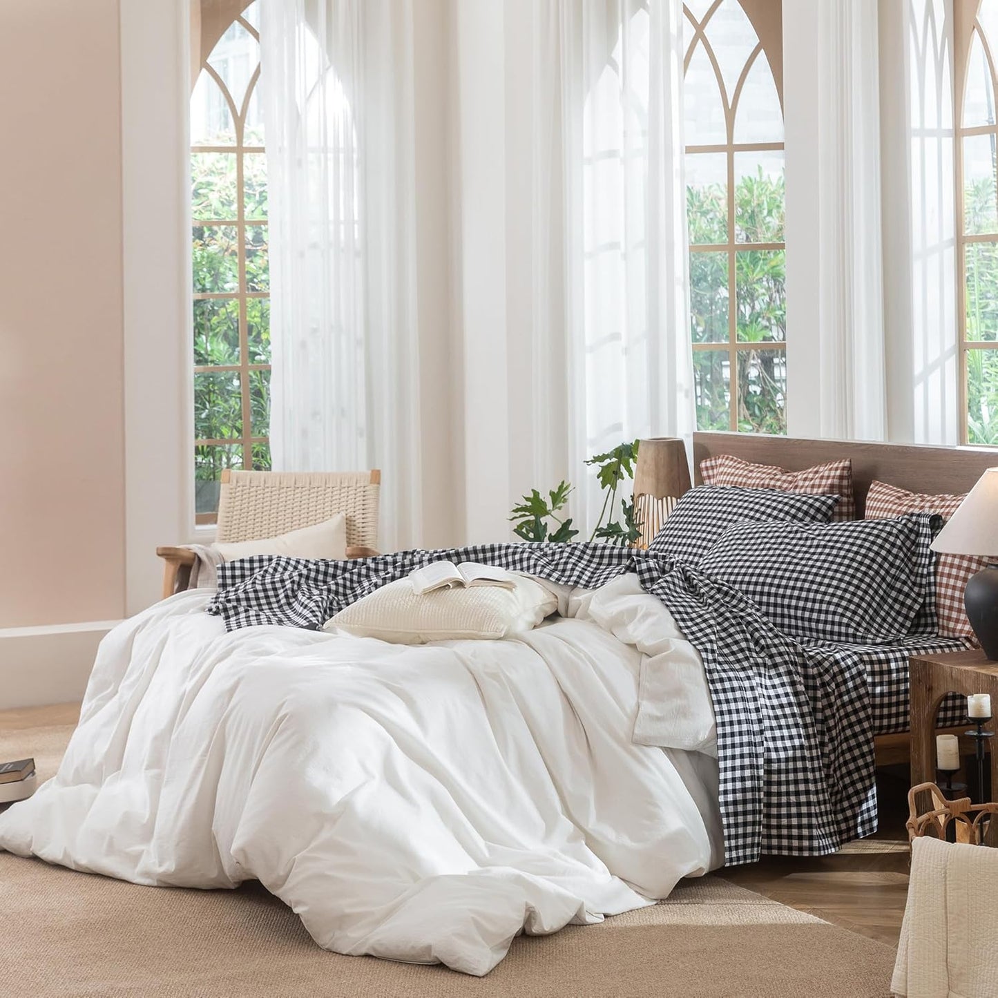 MooMee Gingham Sheet Set 100% Washed Cotton Linen Like Textured Breathable Soft w/ Fully Elasticized 16-19" Deep Pocket (Classic Gingham Black White, King)