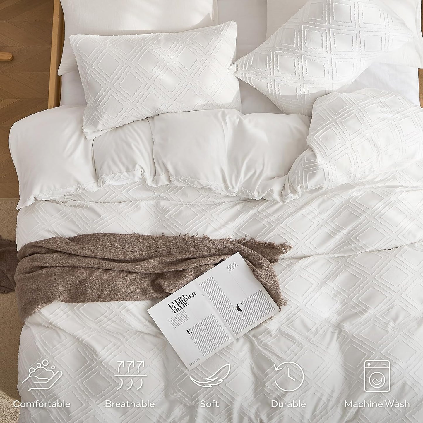 JELLYMONI Duvet Cover Full Size Bright White - 3PCS Boho Duvet Cover Set Plaid Polyester Tufted Bohemian Jacquard Knit Textured Comforter Cover 80×90in Rhombic Geometric Pattern Corner Ties & Zipper