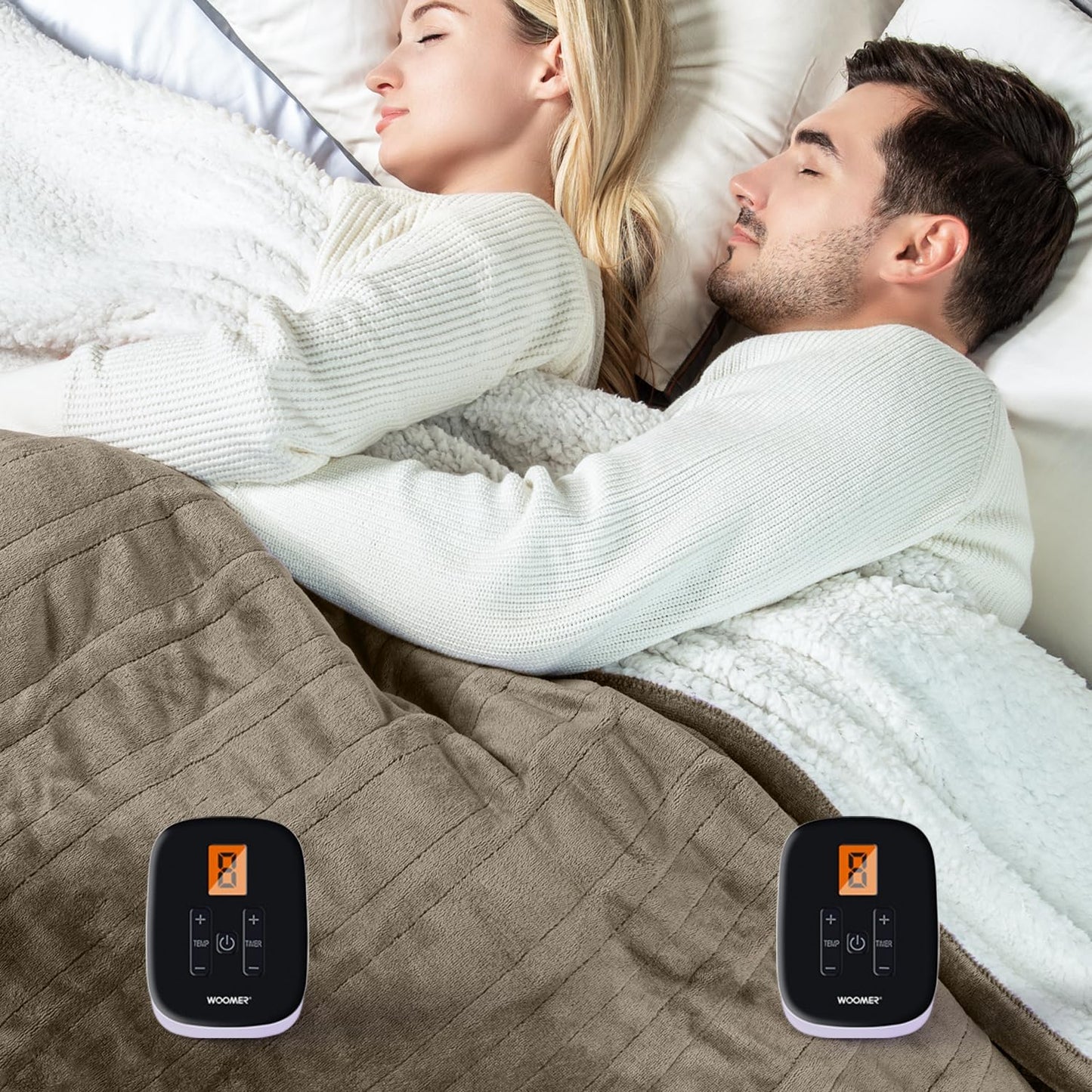 WOOMER Heated Blanket King Size,Durable Flannel and Soft Sherpa,Dual Control,84” × 90” Electric Blanket, 10 Heat Levels&0.5-12h auto-Off, Overheat Protection,Energy Efficient