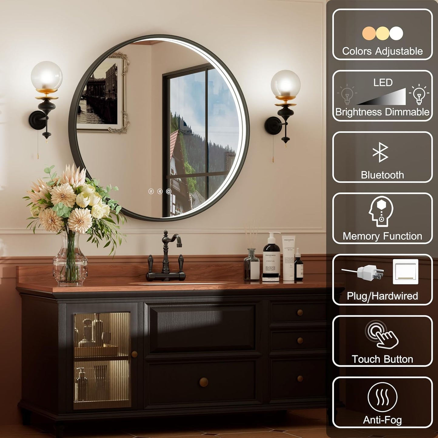 26 Inch Bluetooth Bathroom Mirror, Black Framed Round Vanity Mirror with Lights, Dimmable, 3000K/4500K/6000K, Anti-Fog, Built-in Dual Speaker, CRI 90+