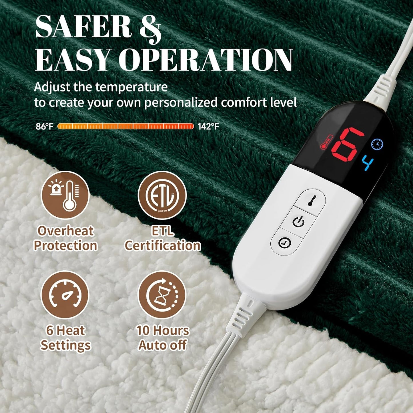 Electric Heated Blanket Full Size - 72"x84" Fast Heating Bed Blankets with 6 Heating Levels & 10 Hours Auto Off, Soft Ribbed Flannel Sherpa, Over-Heated Protection ETL, Dark Green