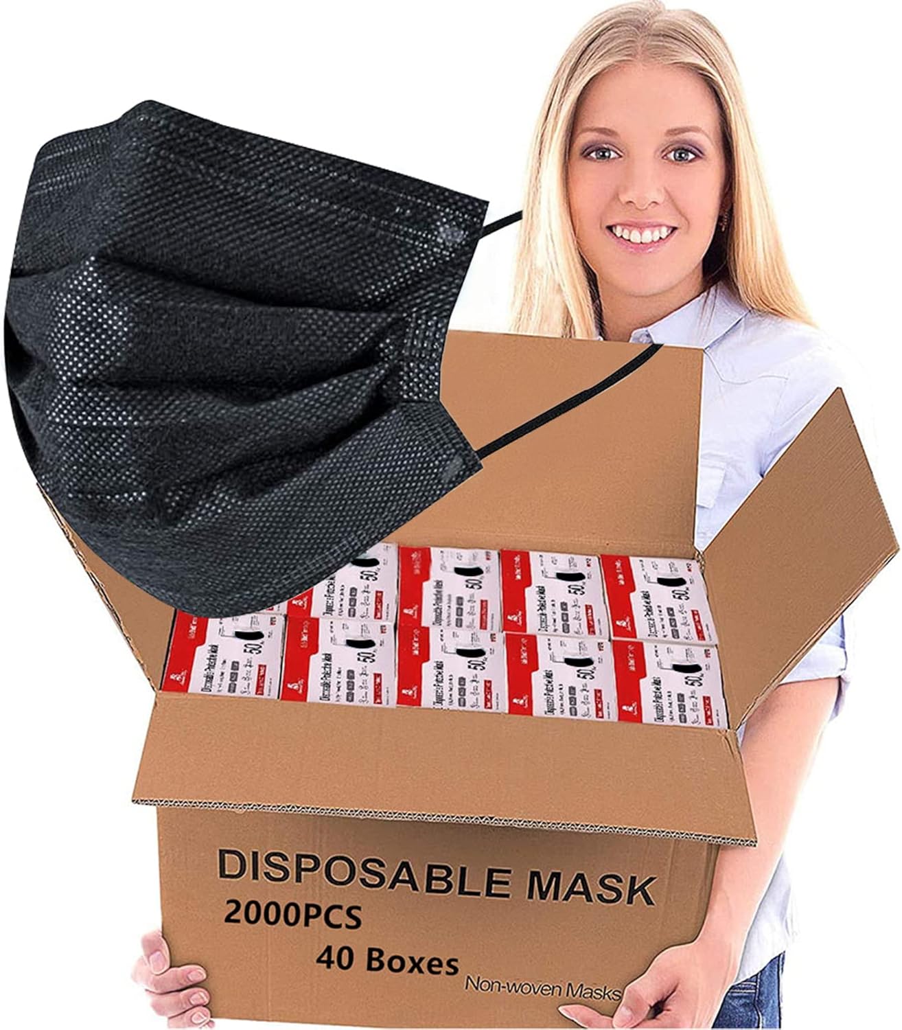 Montana West 2000 PCS Bulk Black Face Masks (40 Packs, 50pcs/Pack), Non Woven Thick 3-Layers Masks with Adjustable Earloop