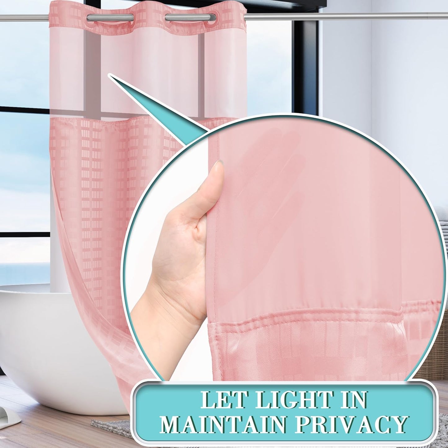 Conbo Mio Stall No Hook Shower Curtain with Snap in Liner Set, Hotel Luxury Pink Shower Curtains for Bathroom with See Through Top Window, Waterproof, Washable 36W x 74H