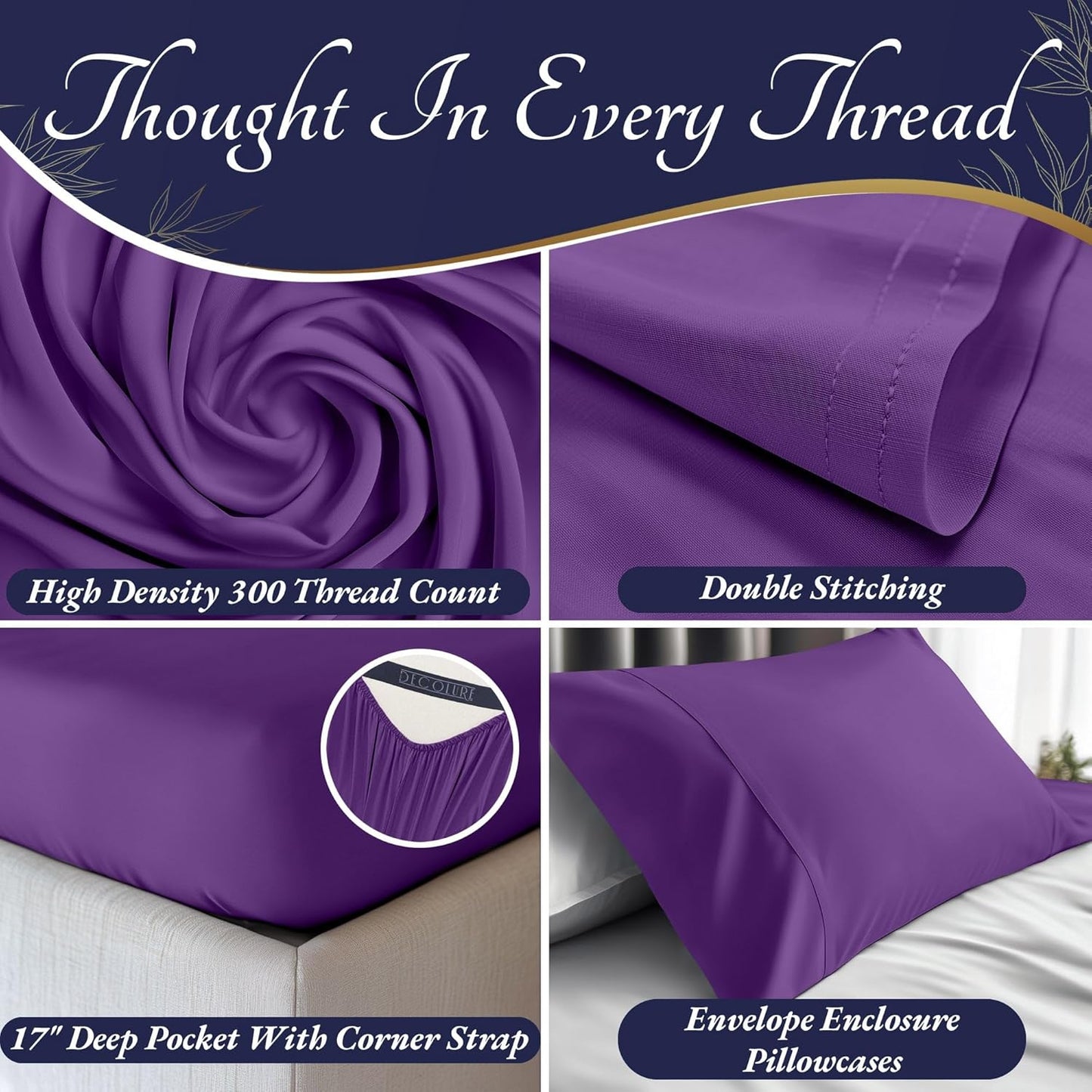 DECOLURE 100% Viscose Derived from Bamboo Sheets Twin Size 3pcs - Ultra Soft & Luxuriously Cooling, 17" Deep Pocket, Double Stitching, Perfect for Hot Sleepers - Twin Bed Sheets (Purple)