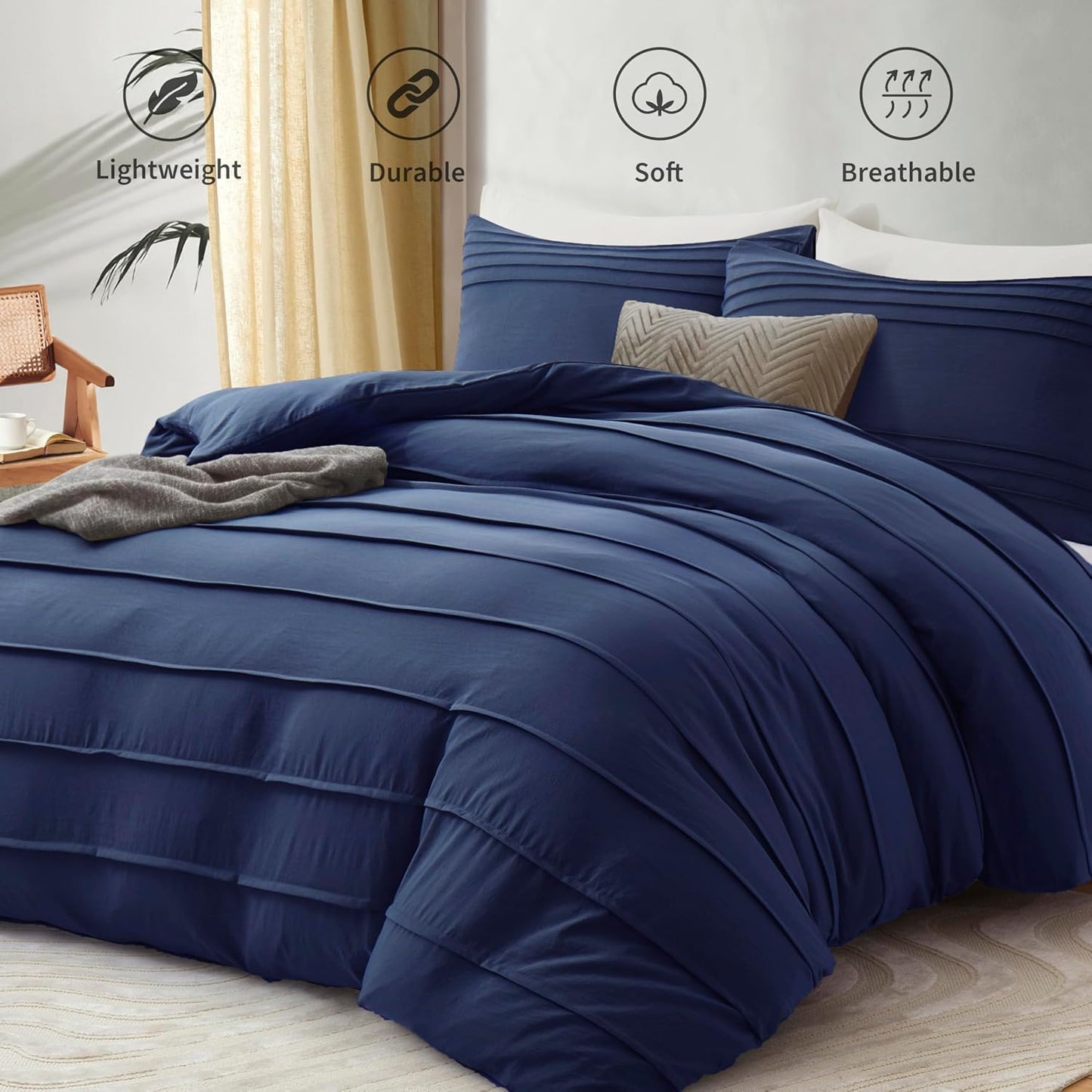 Oli Anderson Navy Blue Duvet Cover Queen Size - Pleated Queen Duvet Cover, 3PCS Soft and Breathable Textured Bedding Set with Zipper Closure(Navy Blue,90"x90")