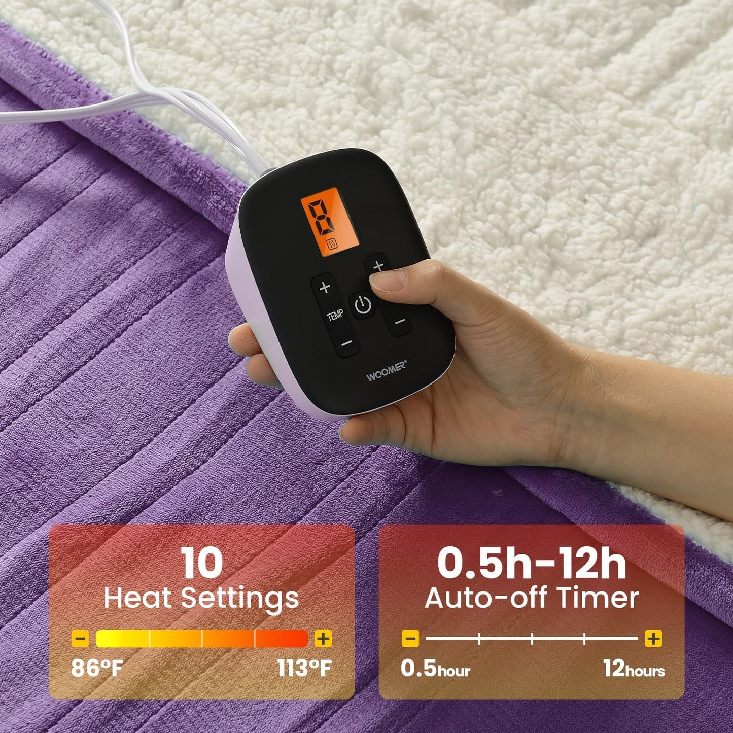 WOOMER [5-Year Warranty Electric Blanket Full Size,Durable Flannel and Soft Sherpa,Dual Control,77”×84” Heated Throw Blanket, 10 Heat Levels&0.5-12h auto-Off,Energy Efficient,ETL Certified