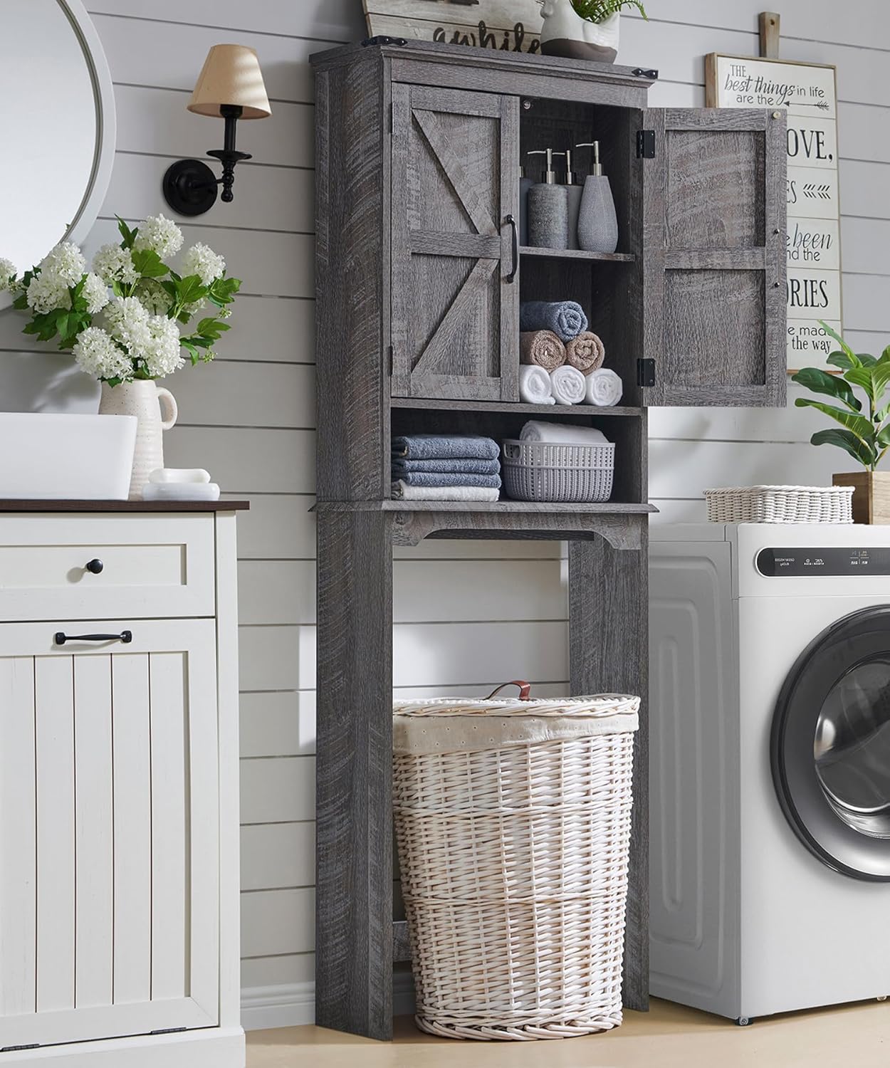 ACCOHOHO Over The Toilet Storage Cabinet, Farmhouse Bathroom Cabinet with Adjustable Shelf & Barn Door, 67" Tall Over The Toilet Shelf, Grey Wash