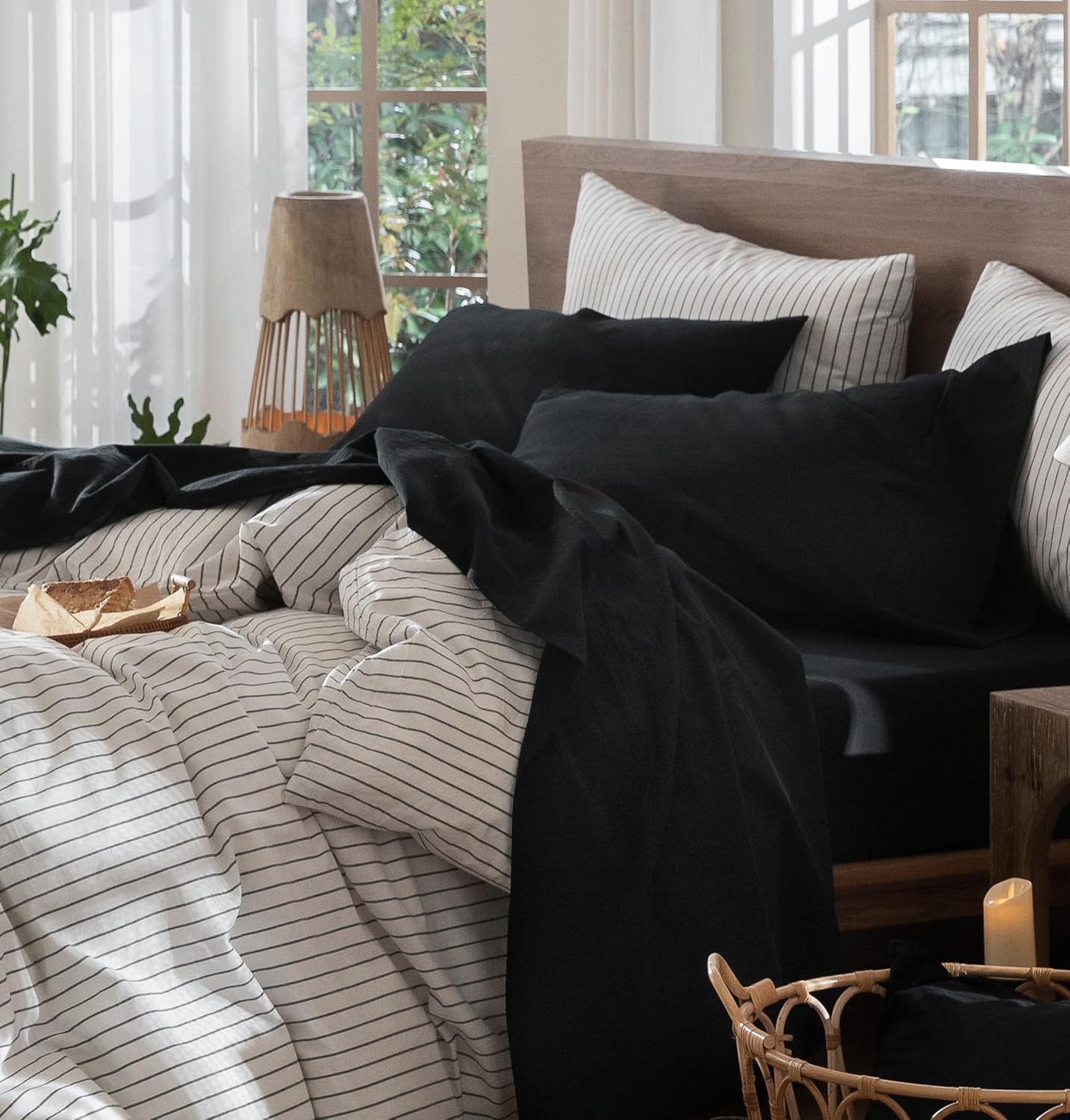 MooMee Bedding Sheet Set 100% Washed Cotton Linen Like Textured Breathable Durable Soft Comfy (Solid Black, Twin)