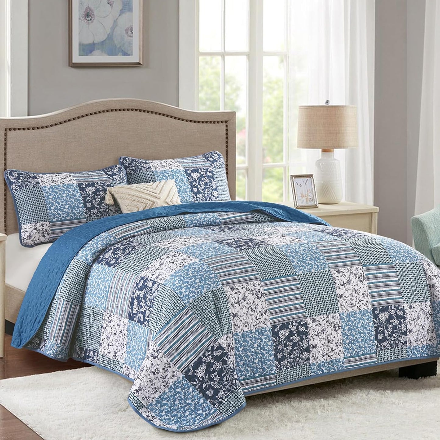 Mybedsoul Navy Blue Quilt Set King Size, 3 Pieces Plaid Floral Bedspread Set Patchwork Reversible Bedding Set Microfiber Lightweight Bedspread Coverlet Set for All Season 110"x90"