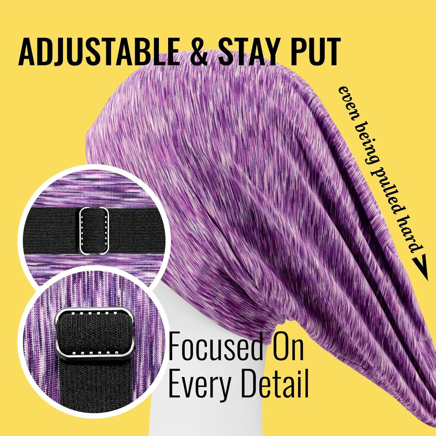 Satin Lined Sleep Cap Bonnet for Curly Hair and Braids, Stay On All Night Hair Wrap with Adjustable Strap for Women and Men, Black and Purple, Pack of 2