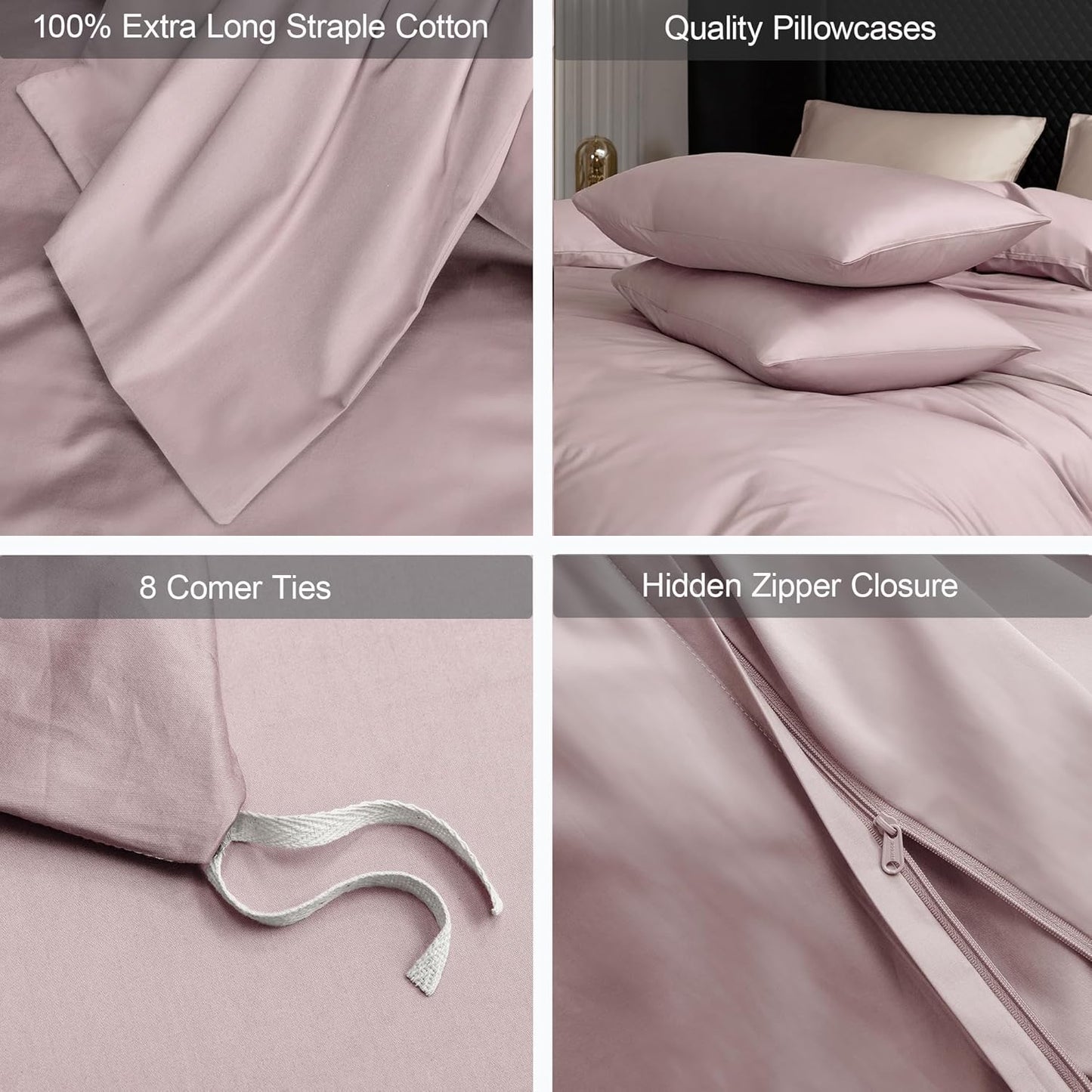 MooMee Duvet Cover Set 100% Extra Long Staple Cotton 600 Thread Count Silky Sateen Smooth Luxury Soft Breathable Durable Hotel Quality Bedding, 3 Pieces (Pale Mauve, King 104"x90")