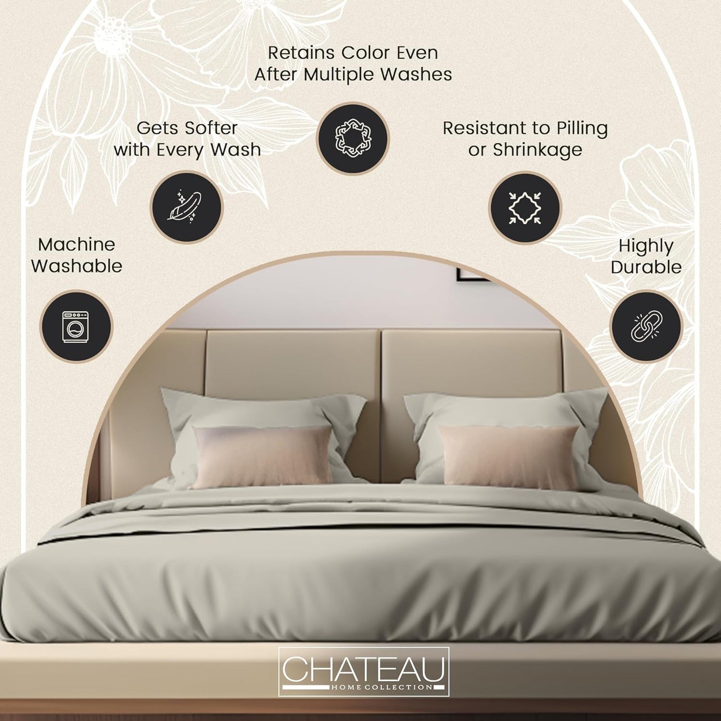 Organic Cotton Sheets Queen Size Bed Set Deep Pockets, 4 PC Cotton Queen Sheet Set, Soft Breathable Sateen Weave Elasticated Sheet & Pillowcase Sets, No Pill & Shrink, Machine washable- Silver