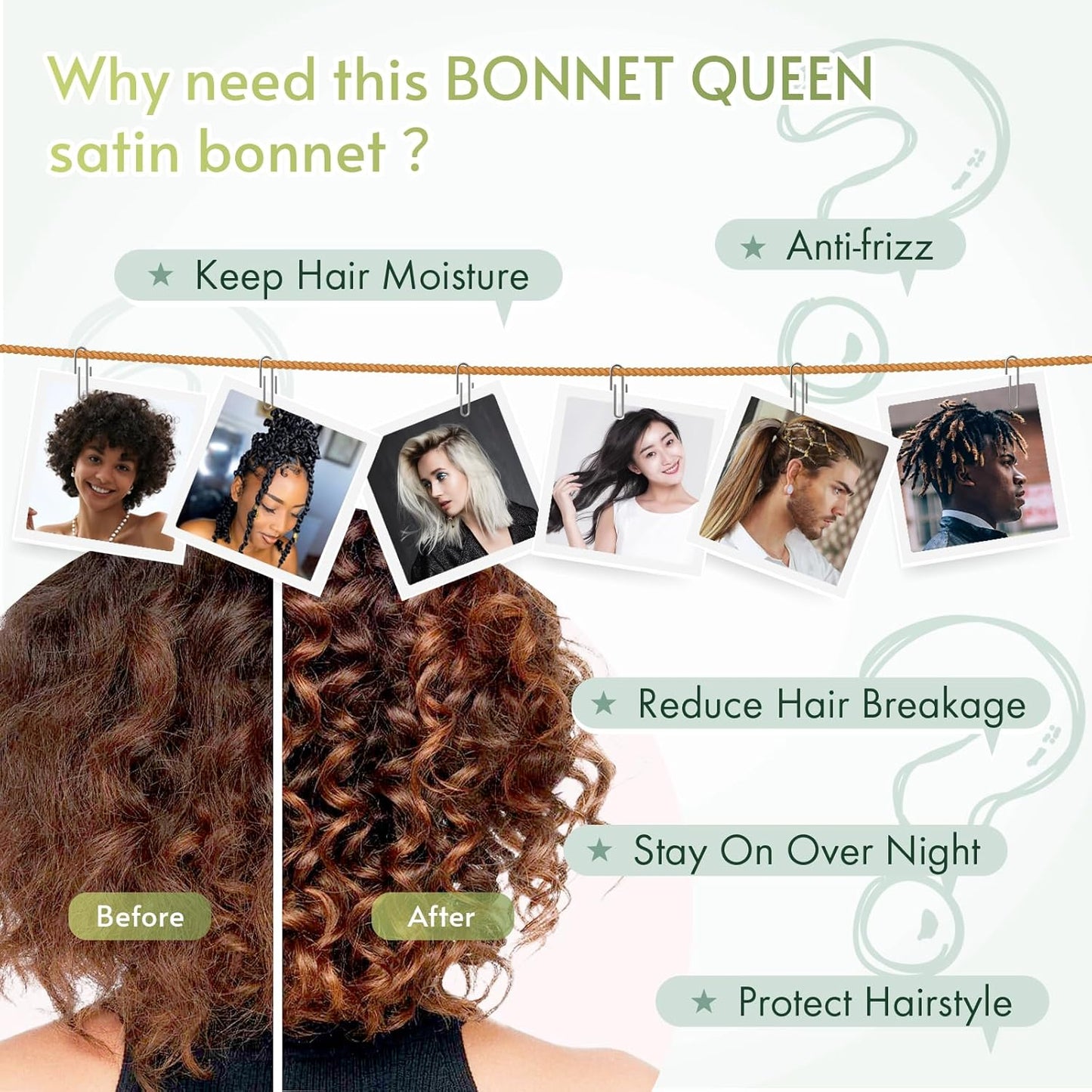 BONNET QUEEN Silk Bonnet for Sleeping Women Satin Bonnet Night Sleep Cap Wrap for Curly Hair with Adjustable Tie Band, Single Layer, Sage