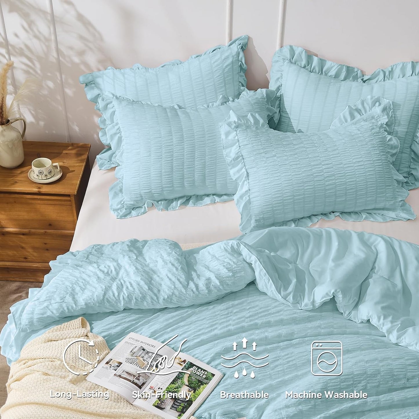 JOLLYVOGUE Light Blue King Comforter Set, 3 Pieces Seersucker Comforters King Size, Lightweight & Fluffy Bedding Sets for All Season with 1 Ruffle Comforter and 2 Ruffle Pillowshams