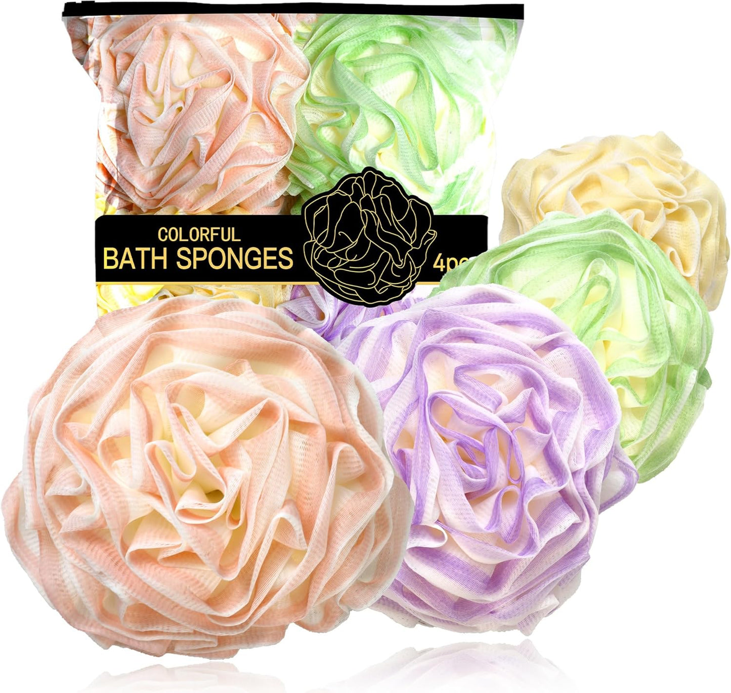 Large Bath Sponge Pouf 70g, 6.3 Inch Exfoliating Shower Loofah, Soft Durable PE Mesh with Reinforced Knotting, Rich Lather Body Wash Scrubber, 4-Pack Elegant Colors Gift Set（B-4Pcak）