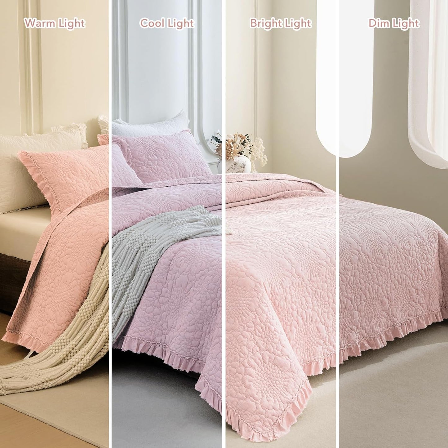 QSH 3PCs Blush Oversized King Quilt Bedspread Set(120"x120"),Stonewashed Cotton Ruffle Quilt California King,Ultra Soft Lightweight Crinkled Shabby Bedspread Coverlet Bedding Set for All Seasons