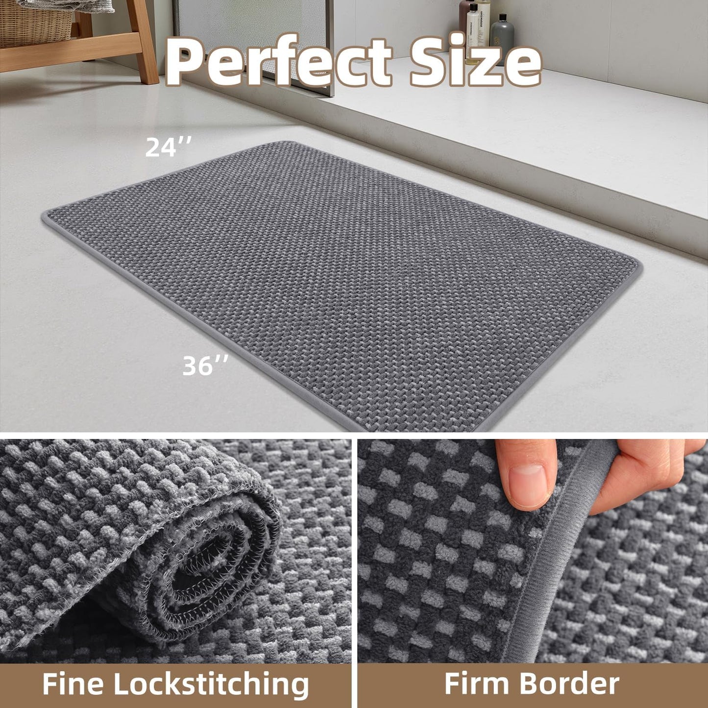 PADOOR-Bath Mat-Super Absorbent Chenille Bathroom Mats-Rubber Backed Bath Mats for Bathroom Non Slip, Easy Clean Bathroom Rugs Front of Bathtub,Shower Room,Sink-24×36, Grey&Darkgrey