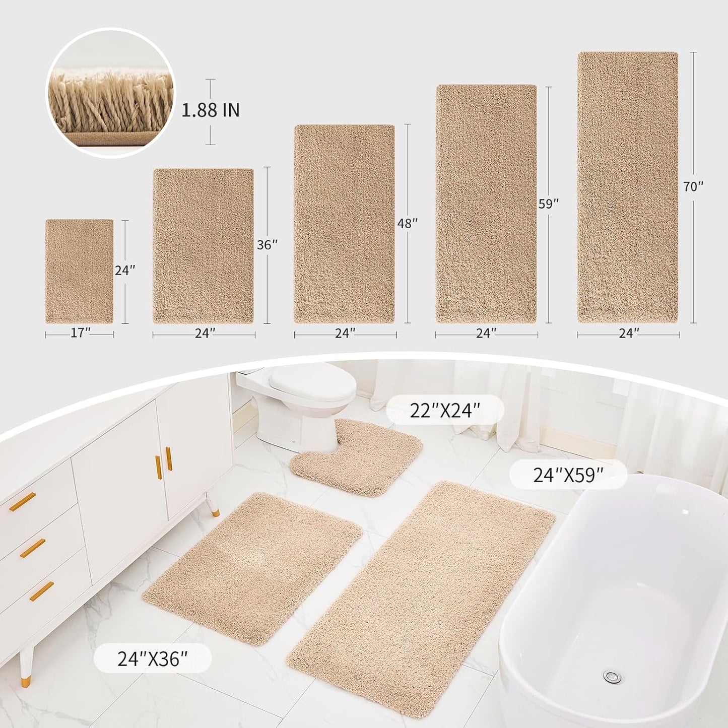 Beige Bathroom Rug 24x36 Non Slip Fluffy Bath Mat for Bathroom Floor Washable Plush Luxury Bath Rug for Tub Soft Shaggy Absorbent Shower Sink Mat