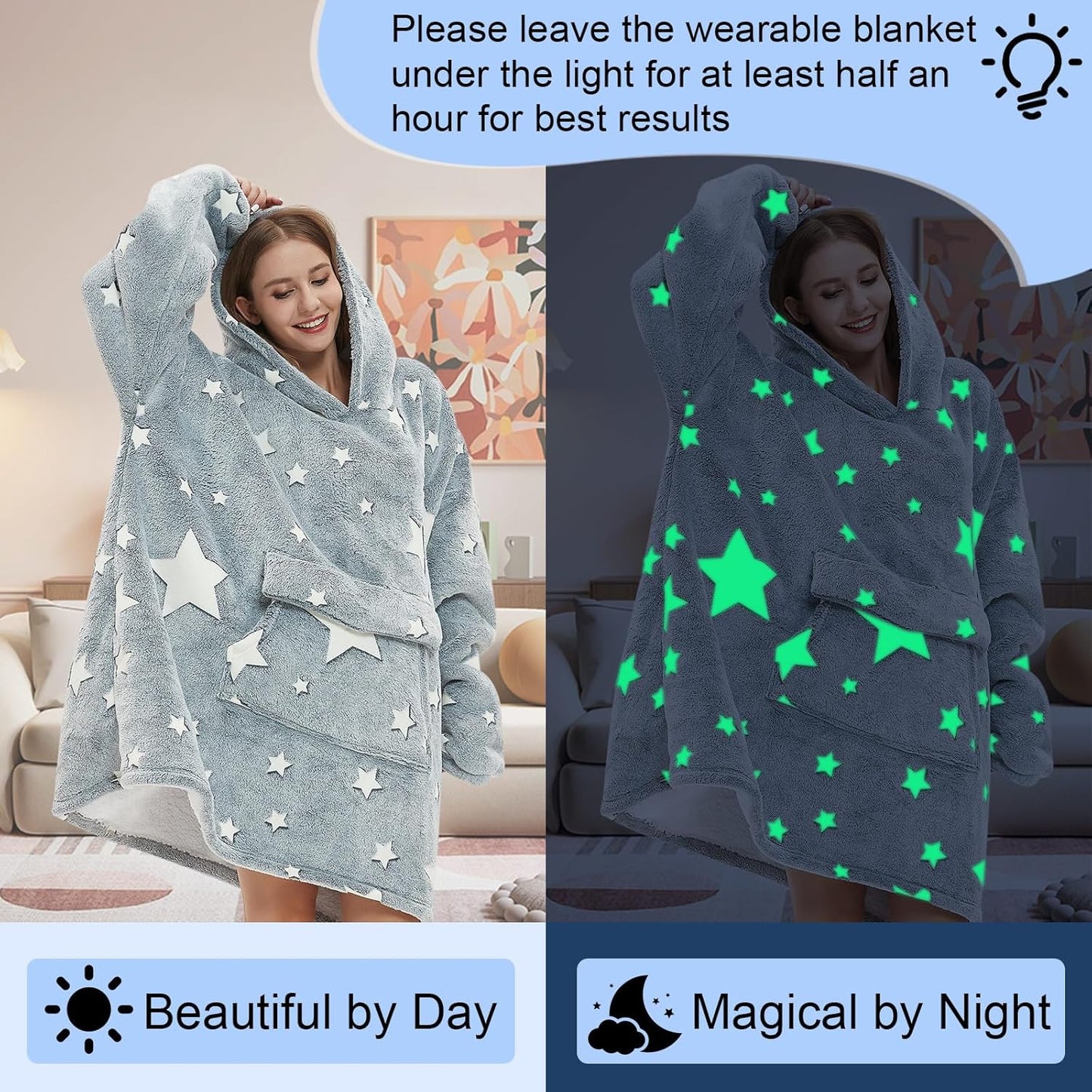 Glow in The Dark Wearable Blanket Hoodie for Adult,Oversized Sherpa Fleece Blanket Hoodie for Women Men,Luminous Stars
