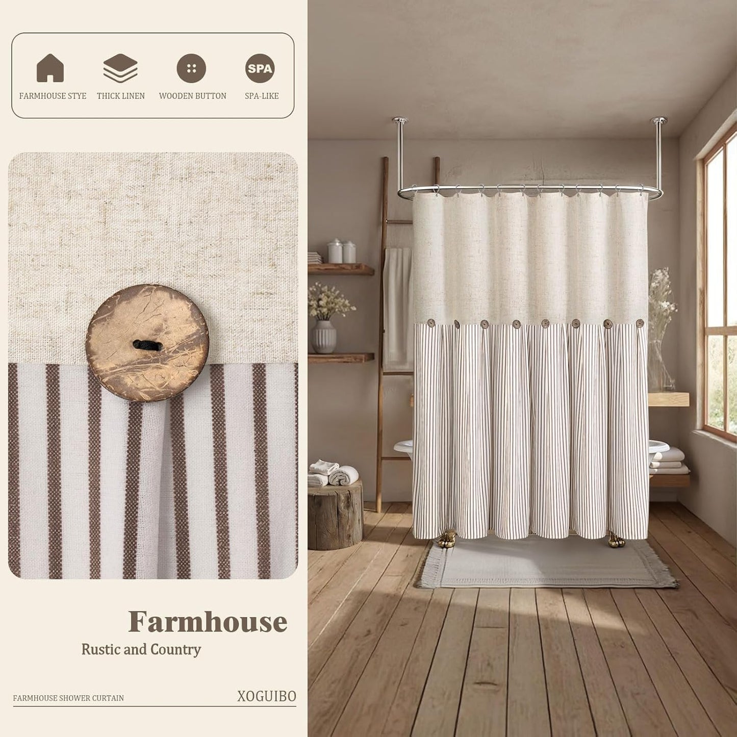 Farmhouse Shower Curtain Linen Beige Button Woven Fabric Country Rustic Western, Pleated Brown Stripe 72" W x 84" L