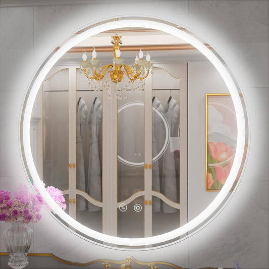 40-Inch Round LED Bathroom Mirror with Anti-Fog, Dimmable Front & Backlit Lights, 6000K Daylight, Frameless, 5mm HD Glass, Memory Function, Touch Control