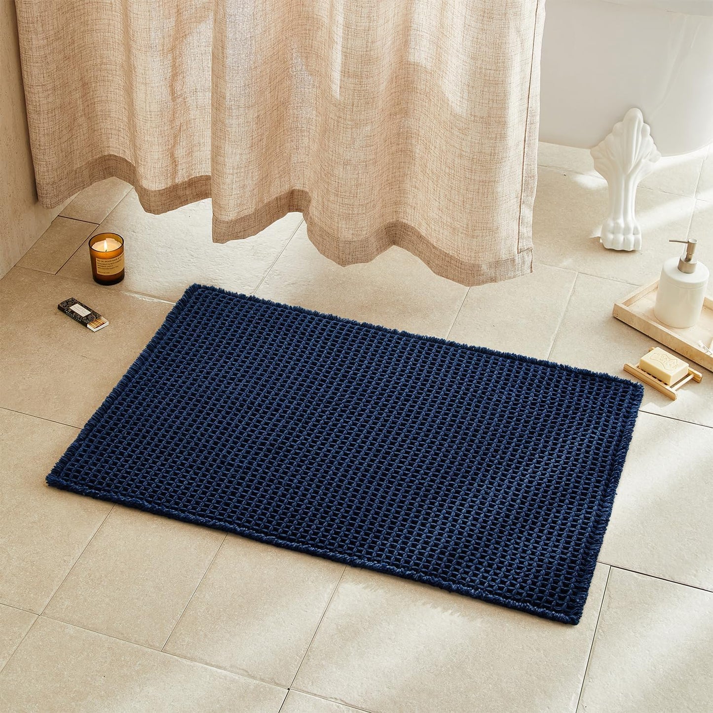 Waffle Bath Mat, Boho Bathroom Rugs Non Slip Washable Super Absorbent Quick Dry Bath Mat Farmhouse Bathroom Decor, 36"x24" Navy Blue