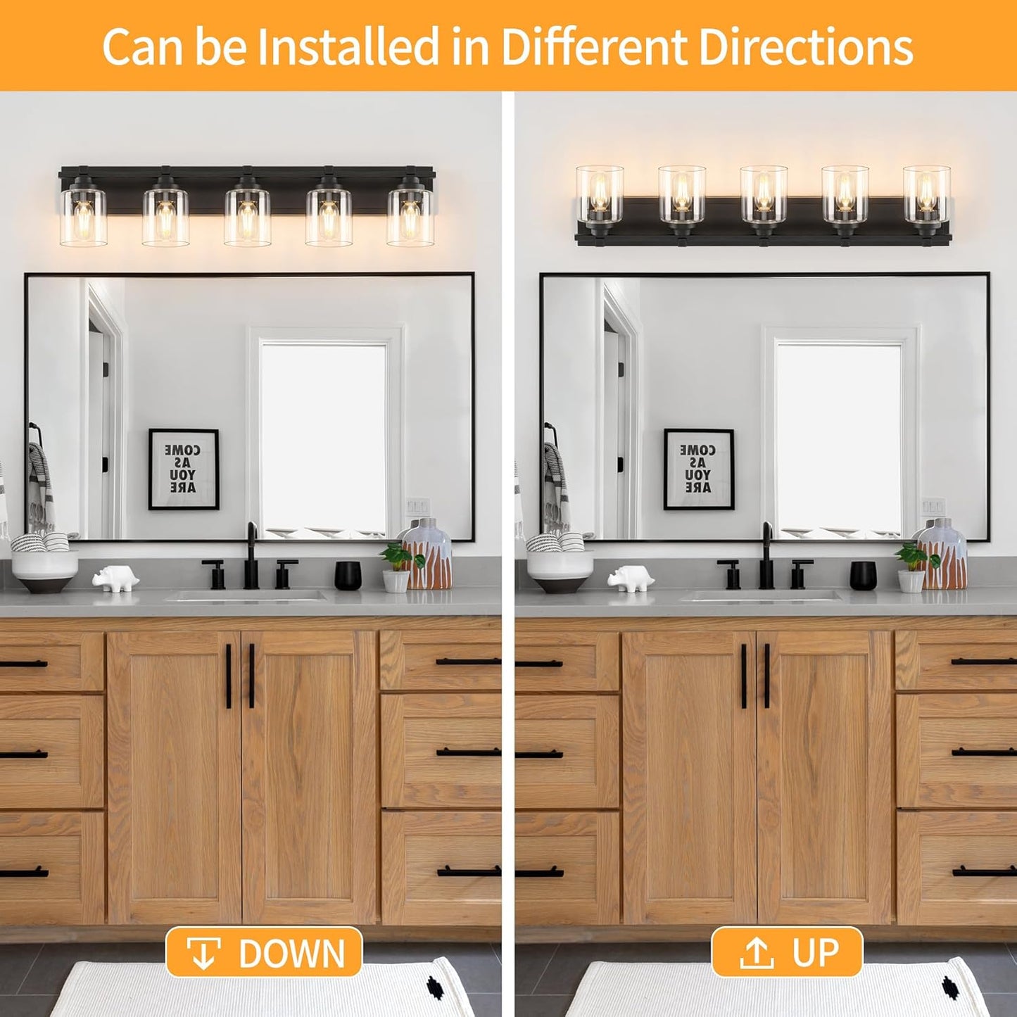 5 Light Modern Bathroom Light Fixtures Over Mirror, Black Vanity Lights for Bathroom Wall Sconces with Clear Glass Shades, E26 Socket (Bulbs Not Included)