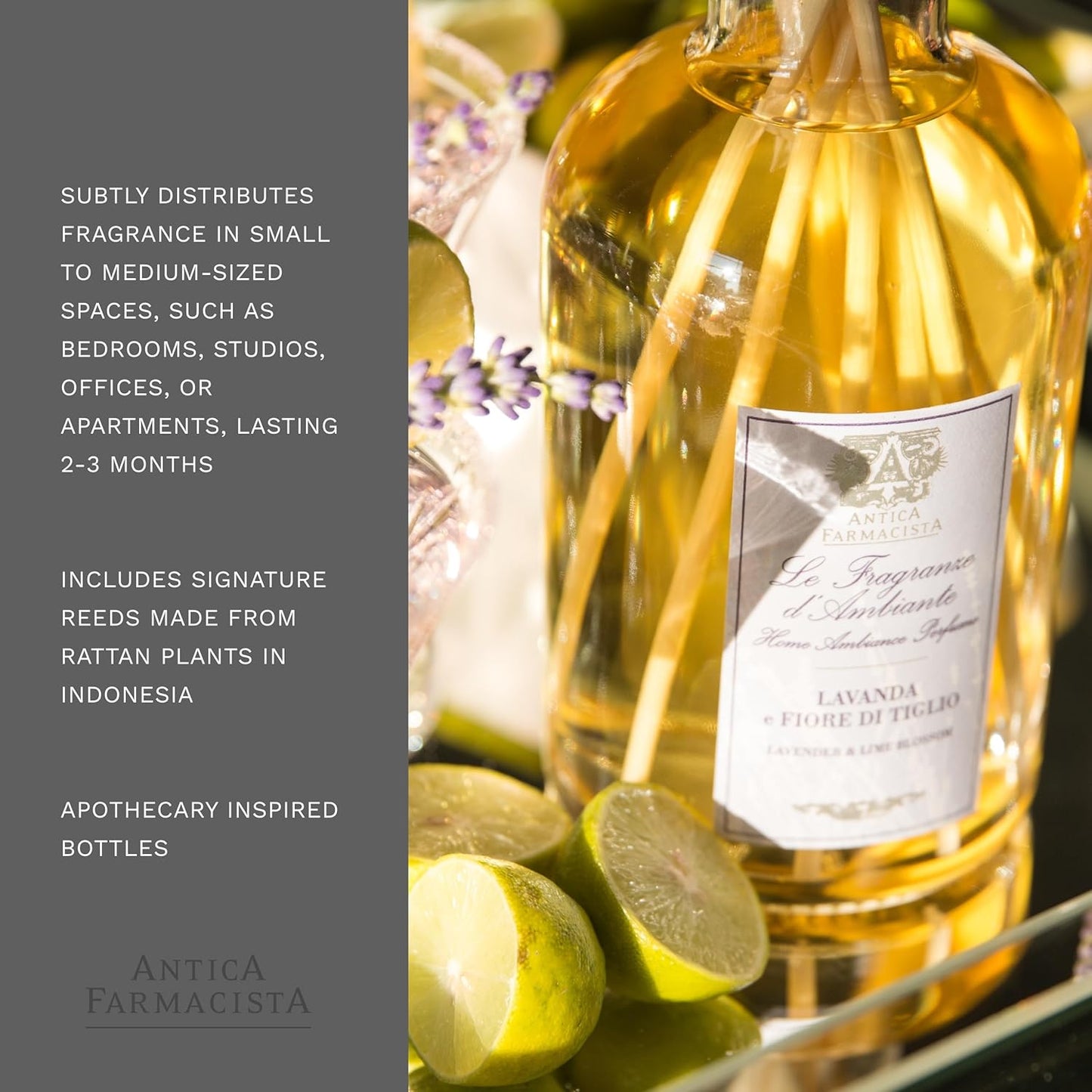 Antica Farmacista Home Ambiance Diffuser - Long-Lasting Reed Scent Diffuser - Luxury Room Freshener Gift - Lavender & Lime Blossom, 8.45 fl oz