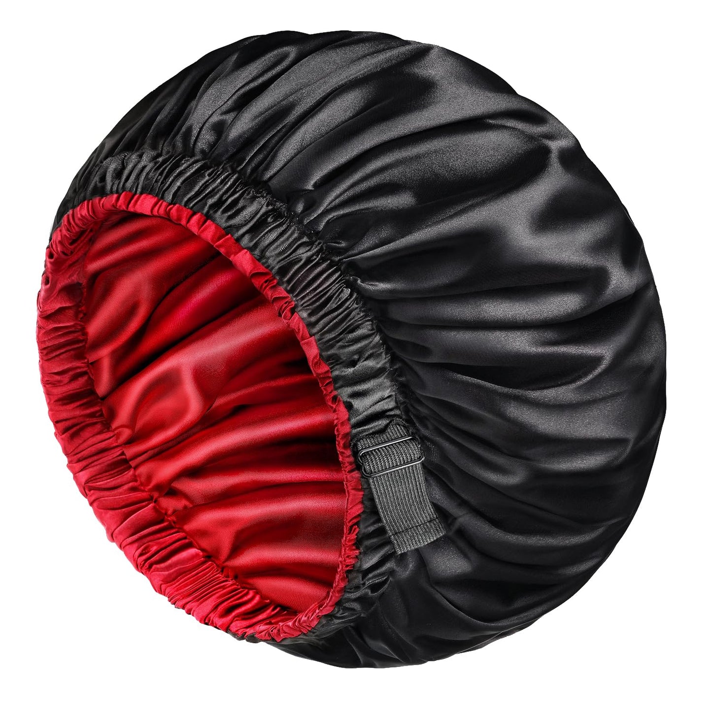 mikimini Satin Bonnet Pack of 2 for Men and Women, Reversible Double Layer Sleeping Silk Bonnet for Curly Hair Braids with Anti-Slip Adjustable Widened Elastic Band Super Large Soft (XL, Black/Red)