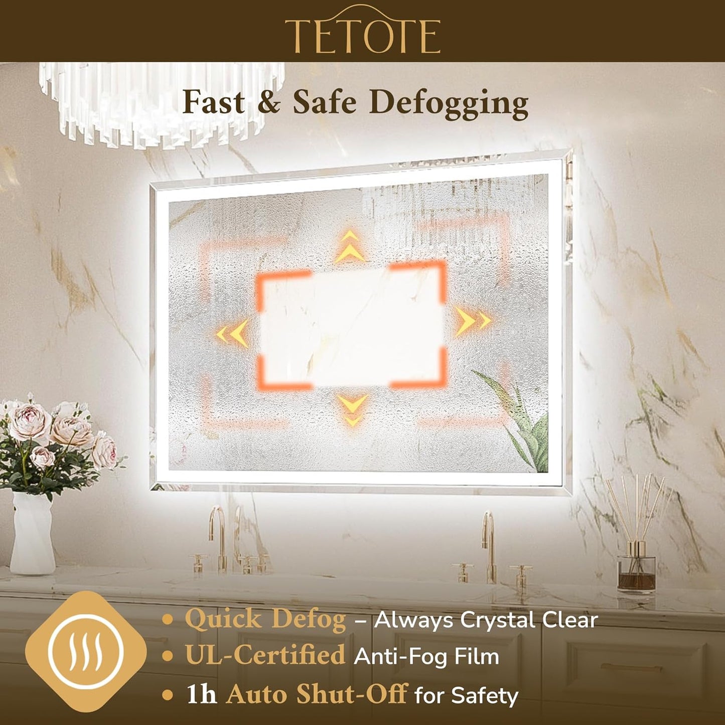 TETOTE Led Bathroom Mirror with Lights 24 x 30 Inch, Beveled Lighted Vanity Front and Backlit Anti-Fog Mirror Wall Mounted for Modern Bathroom, 3-Color Extra-Bright Lights, Tempered Glass