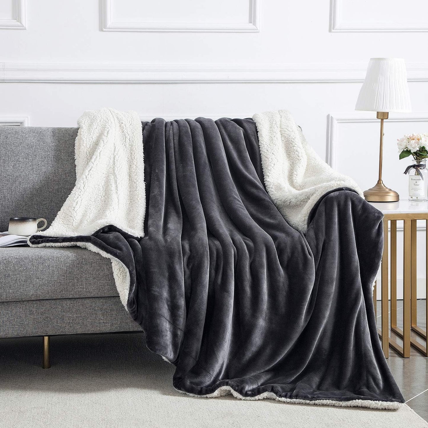 IR Imperial Rooms Sherpa Fleece Throw Blanket Twin Size for Couch - Thick and Warm Fluffy Grey Blankets for Winter, Soft and Fuzzy Twin Blanket for Bed, 60x80 Inches