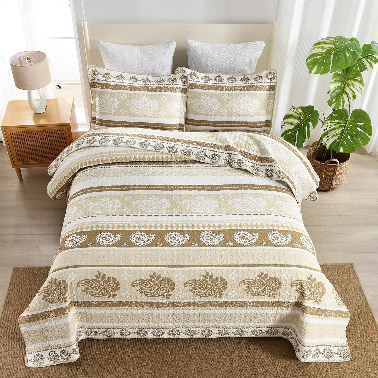 Quilt Bedding Set Queen Size, Cotton Comforters Set Queen Size, Brown Taupe Quilts Bedspread for The Bed, Farmhouse Lightweight Bedding (90 * 98 Inch) and 2 Pillow Shams All Season