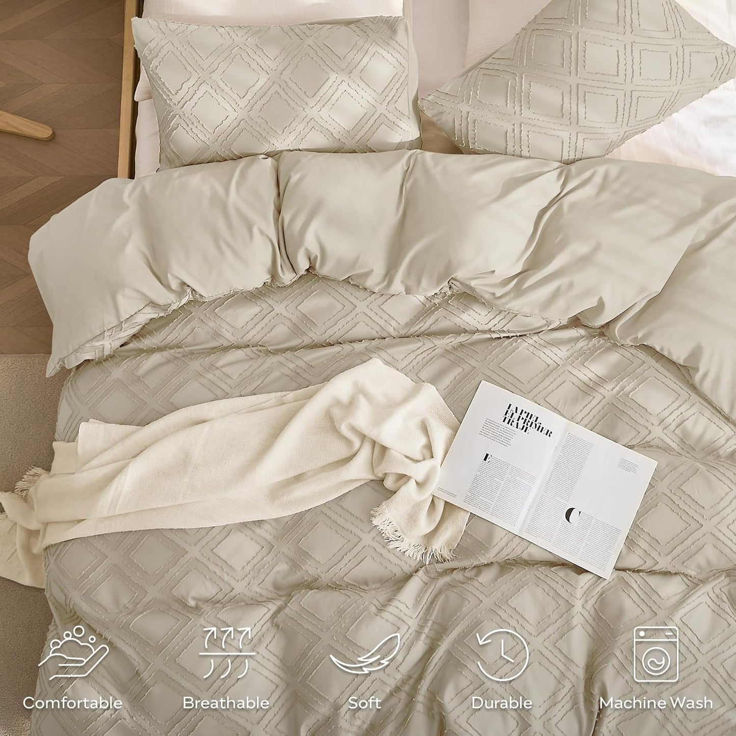 JELLYMONI Duvet Cover Full Size Light Khaki - 3PCS Boho Duvet Cover Set Plaid Polyester Tufted Bohemian Jacquard Knit Textured Comforter Cover 80×90in Rhombic Geometric Pattern Corner Tie & Zipper