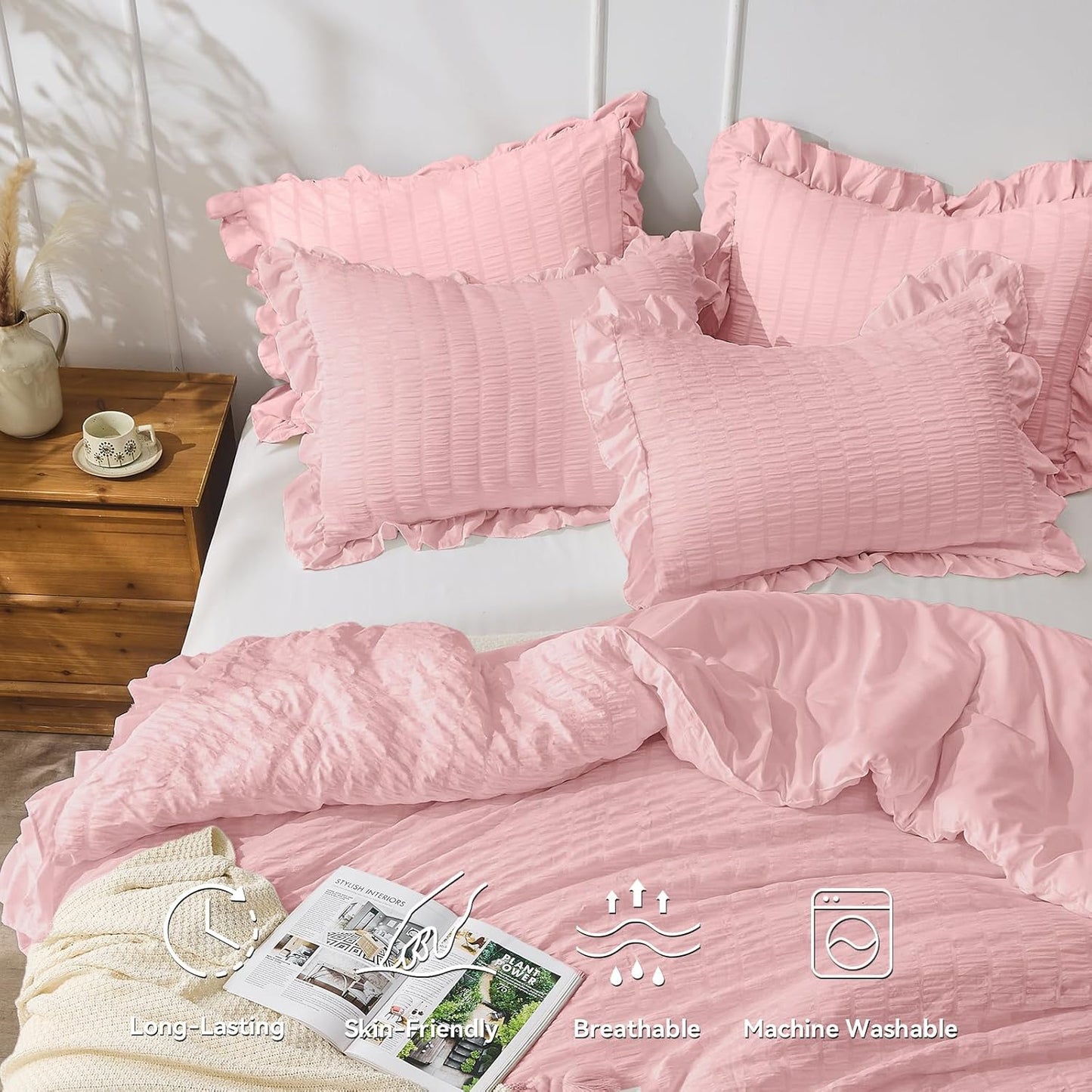 JOLLYVOGUE Pink Twin Size Comforter Set, 2 Pieces Seersucker Lightweight Fluffy Bedding Set, Twin Ruffle Comforter, All Season Soft Microfiber Shabby Chic Bed Set