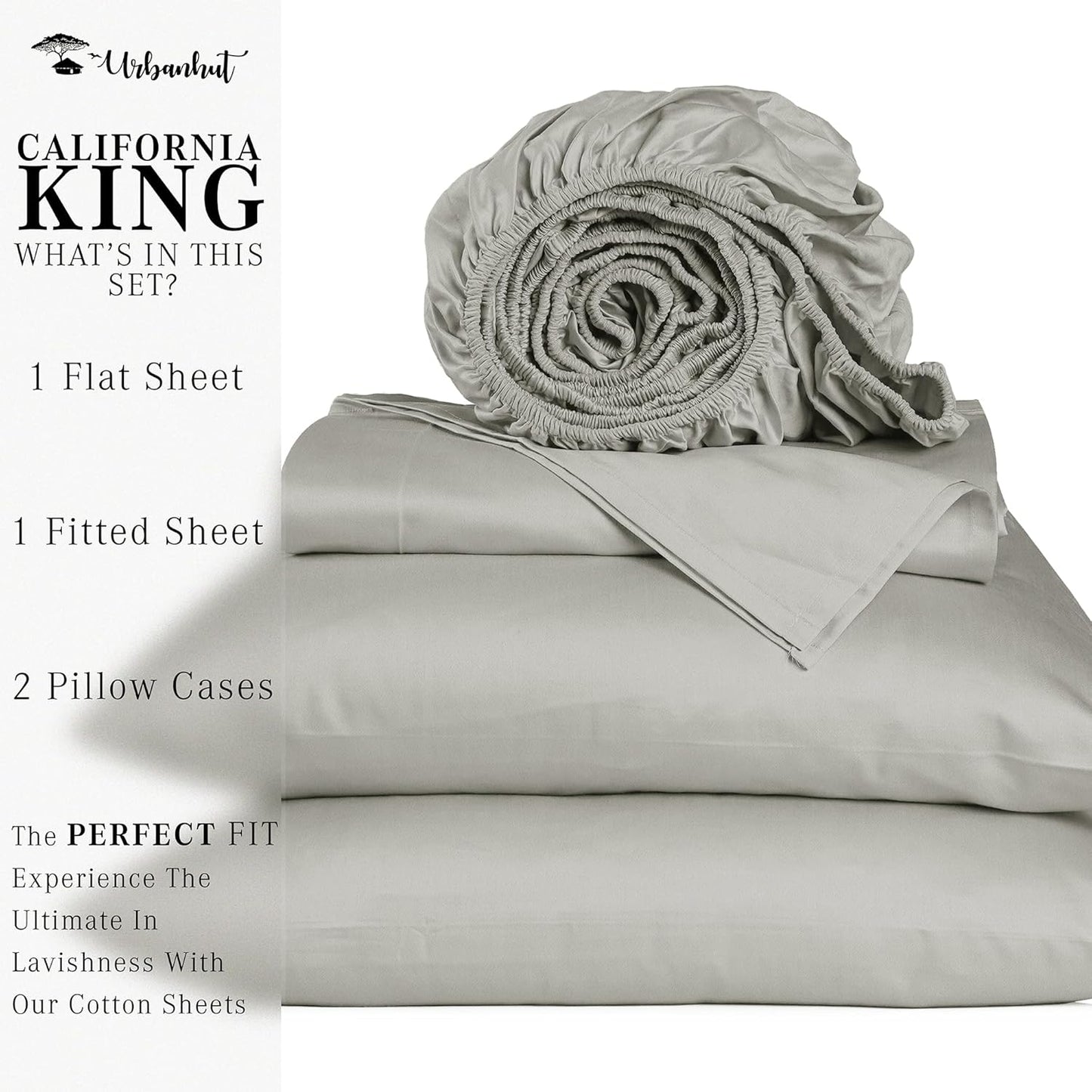 URBANHUT 1000 Thread Count Egyptian Cotton Sheets California King Size, Breathable Long Staple, 4 Pc Bed Sheet Sets, Luxury Hotel Sateen Sheets Fits 16" Deep Pocket - Silver Grey