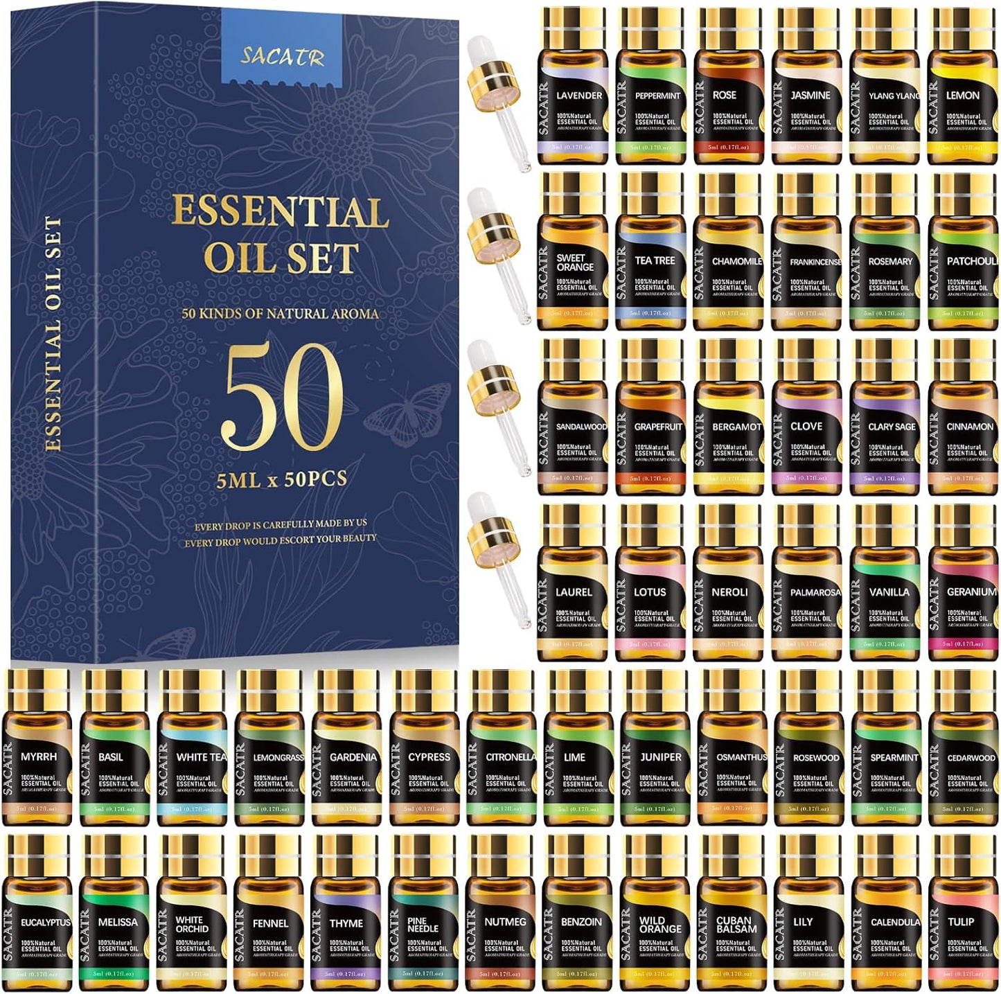 50 Pcs Essential Oils by SACATR Natural Essential Oil Set -Essential Oils Gift Set for Diffuser, Home Care, DIY Candle and Soap Making(50 * 5ML)