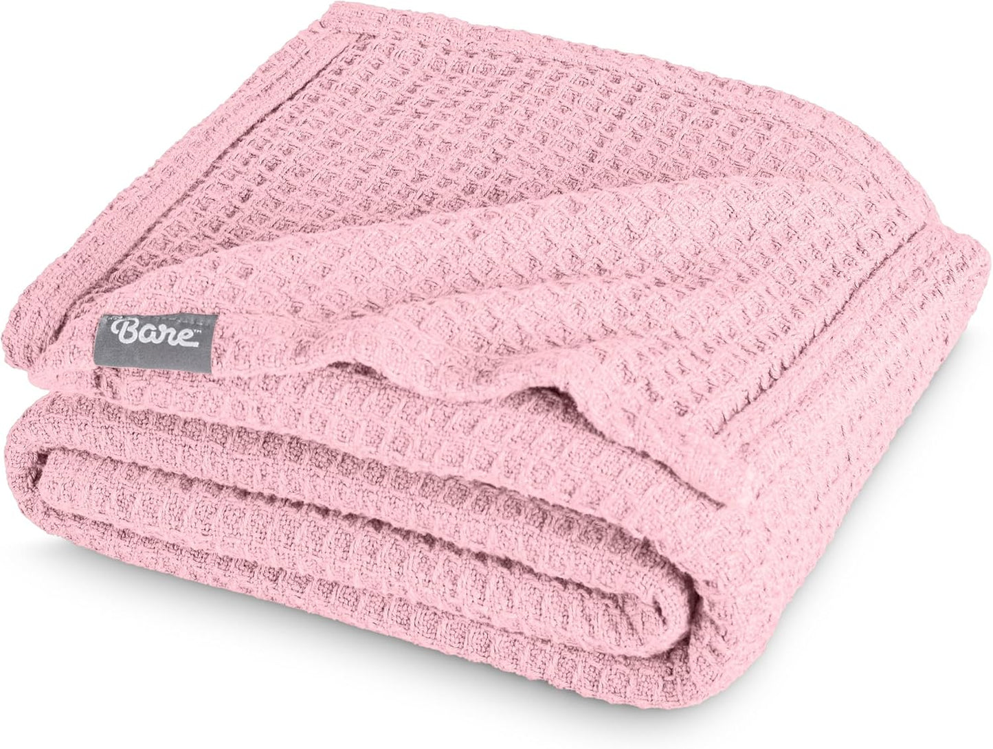 Bare Home Light Pink Waffle Blanket, Extra Long - 66Wx90L, 100% Cotton, Soft & Breathable Blanket for All Seasons, Lightweight, Perfect for Layering Bed, Sofa & Couch (Twin/Twin XL, Light Pink)