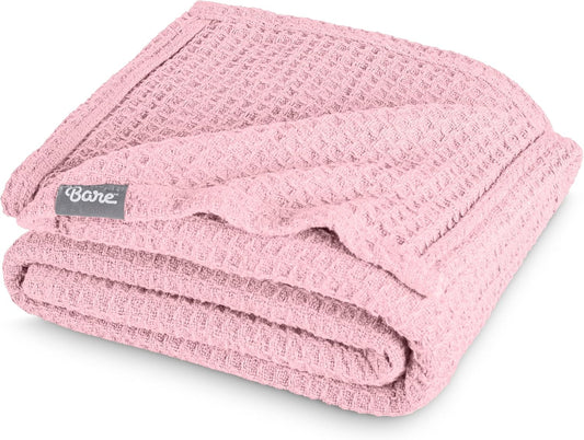 Bare Home Light Pink Waffle Blanket, Extra Long - 66Wx90L, 100% Cotton, Soft & Breathable Blanket for All Seasons, Lightweight, Perfect for Layering Bed, Sofa & Couch (Twin/Twin XL, Light Pink)