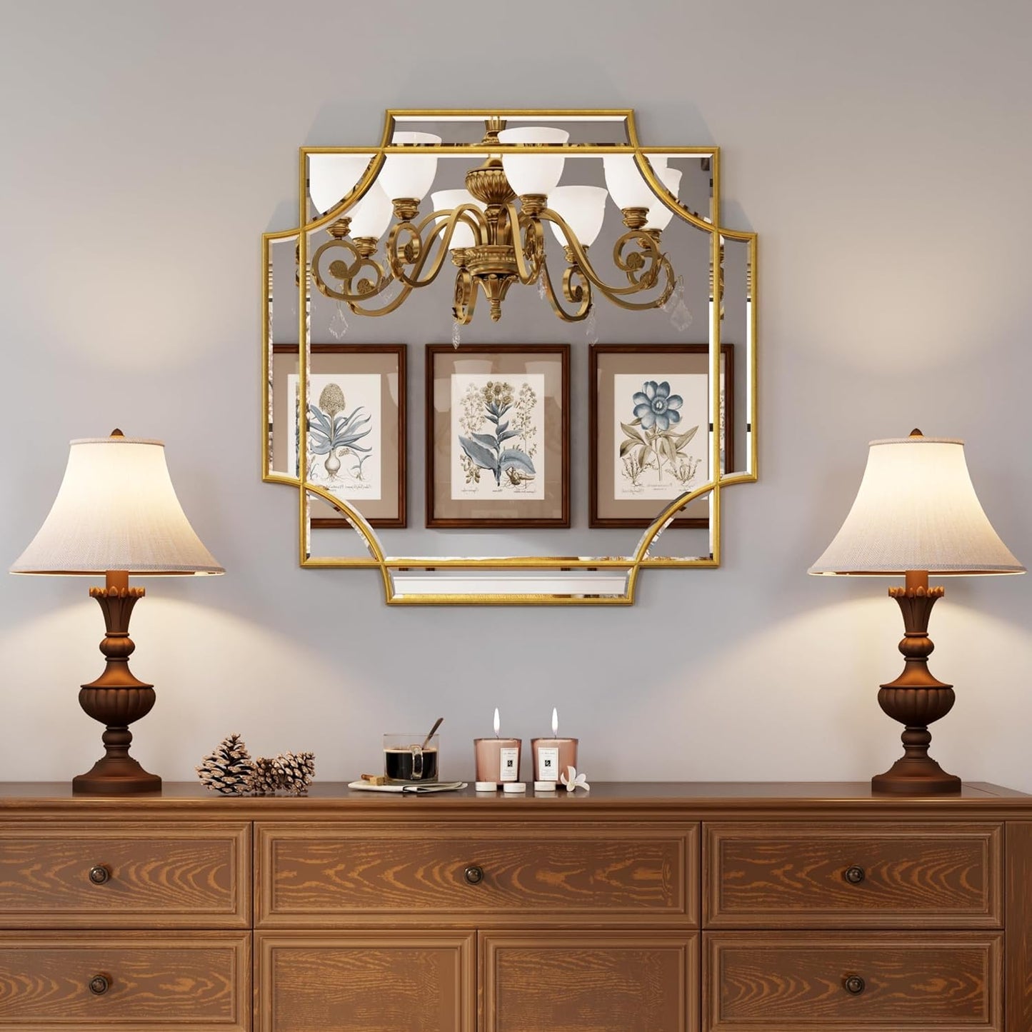 Kelly Miller Gold Framed Mirror for Wall, 26"x26" Gold Square Vanity Mirror Decorative Mirror Beveled Wall Decor for Bathroom Powder Room Living Room Bedroom Bedside Table Entryway Hallway