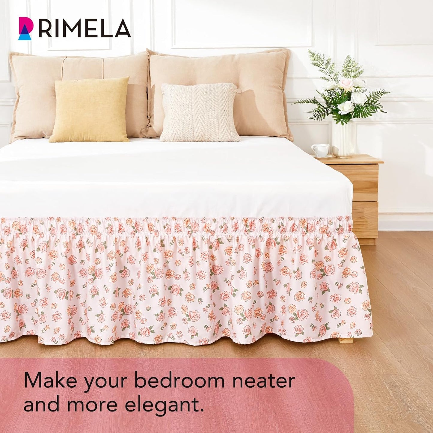 RIMELA Pink Rose Floral Bed Skirt Queen Size 15 Inch Drop, Elastic Bed Skirting for Bed Frame, Bedding Dust Ruffle Easy to Install, Lightweight Wrap Around Adjustable Bedskirt