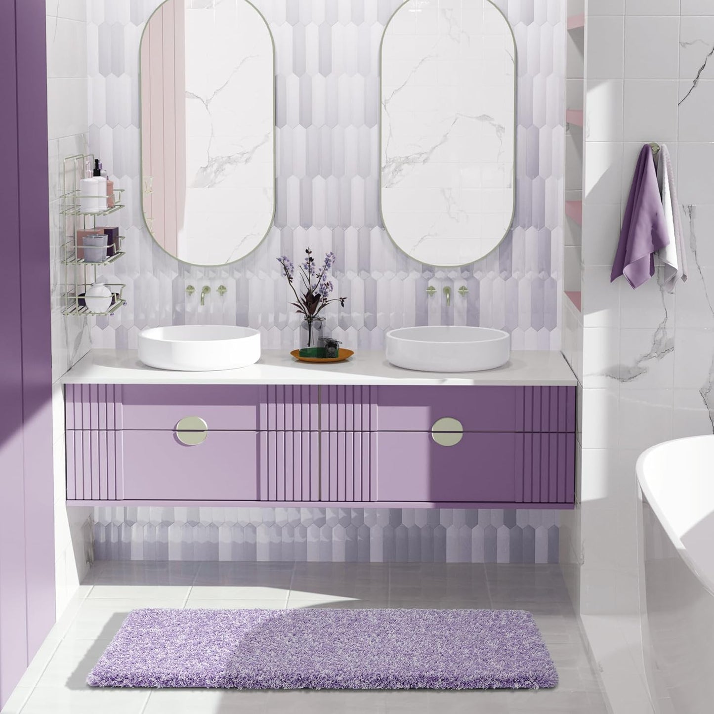 Yimobra Luxury Bathroom Rugs, Fluffy Bath Mats, Non Slip, Water Absorbent Microfiber, Machine Washable, Plush Soft Runner Shower Rugs, Thick Matts for Bathroom Floor&Tub, 47"x 24", Purple and White