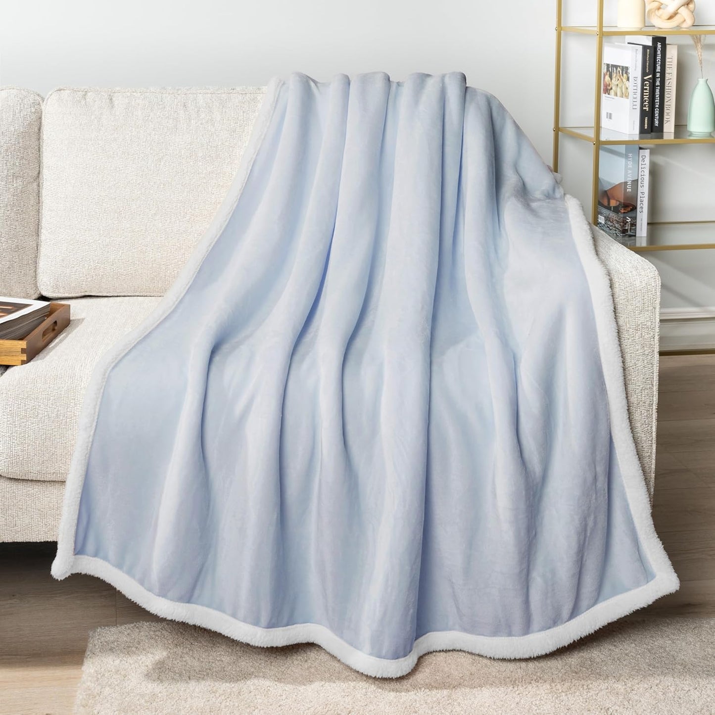 PAVILIA Sherpa Fleece Throw Blanket for Couch, Light Blue, Plush Soft Fuzzy Sofa Blanket, Cozy Reversible Winter Throw for Women Men, 50x60 Inches