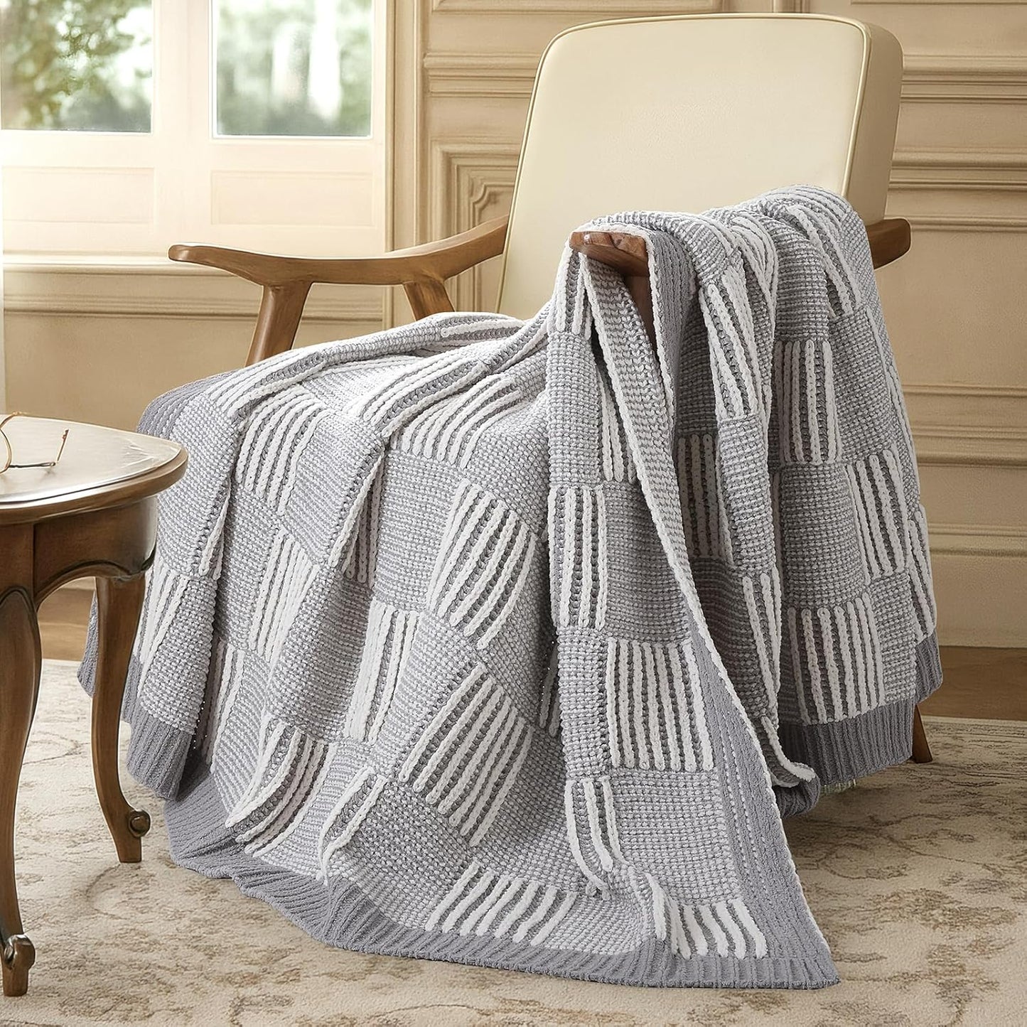 Amélie Home Checkered Knit Throw Blanket for Couch, Chenille Texture Decorative Soft Blanket for Sofa & Chair, 50"x60", Grey & White