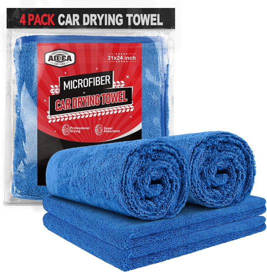 AIDEA Microfiber Towels for Cars-4PK, Large Professional Car Drying Towel, Scratch-Free & Absorbent Drying Towel for Cars, SUVs, RVs, Trucks, and Boats, 24inx 31in, Blue