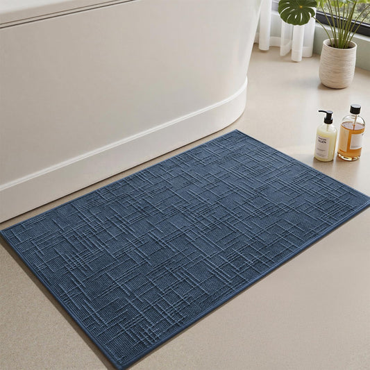 AMOAMI Bath Mat Non Slip Super Absorbent Quick Dry Bath Mats for Bathroom Floor Rubber Backing Washable Bathroom Rugs Modern Woven Jacquard Mat, Beside Tub Bath Rugs, 17" x 24", Blue