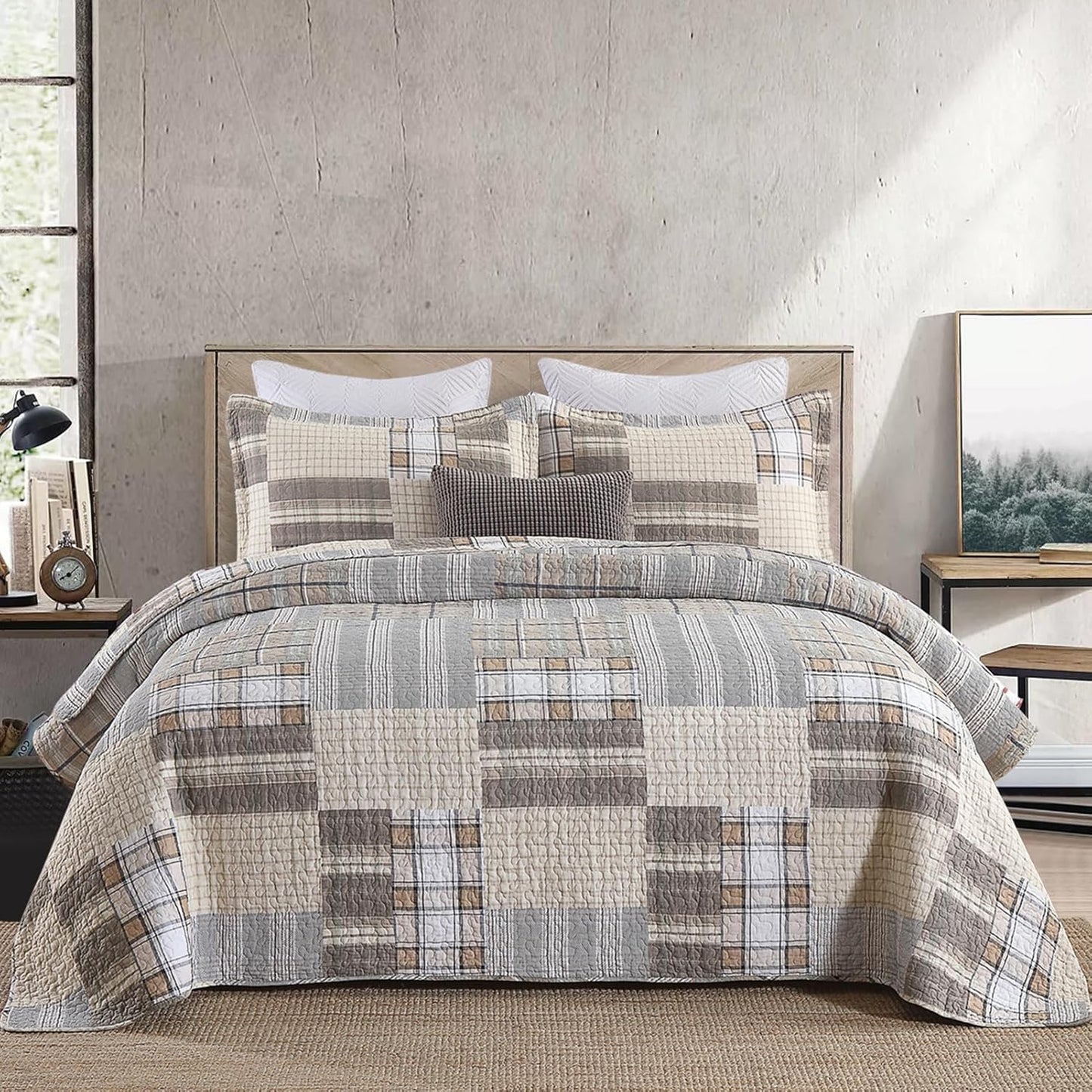 KALOOLA 100% Cotton Quilts Queen Size, Farmhouse Brown Plaid Queen Quilted Bedding Set 3 Pieces, Rustic Lightweight Bedspread Coverlet with 2 Pillowshams for All Season