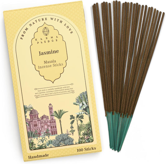 Incense Sticks, Jasmine Incense, Pack of 100 Stick, Hand Rolled Aromatic Masala Made with Natural Ingredients, 45-60 Minute Burn Time, Best for Home Fragrance, Meditation, Yoga, Spiritual Healing