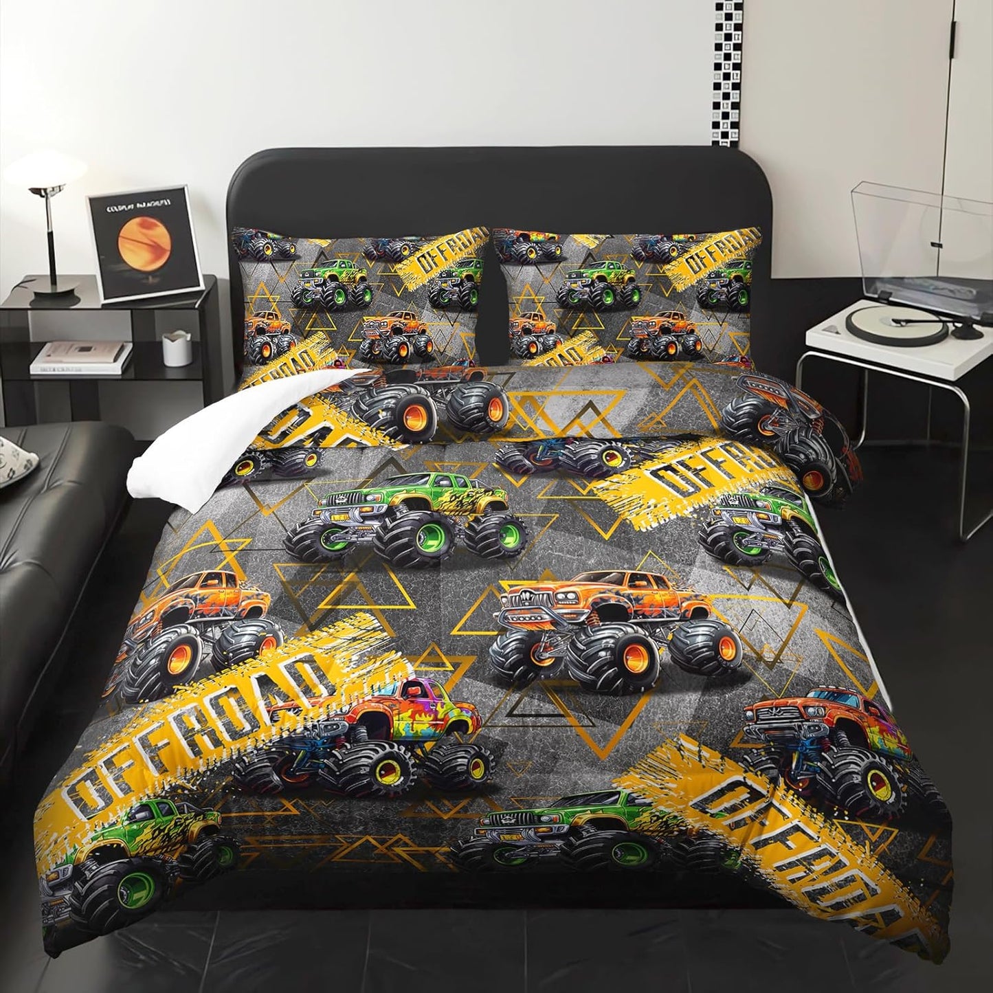 Full Size Monster Truck Comforter Sets for Boys，Monster Truck Full Size Bedding Sets Boys，with 1 Comforter with 2 Pillow Case，Kids Monster Truck Themed Bedroom Decor